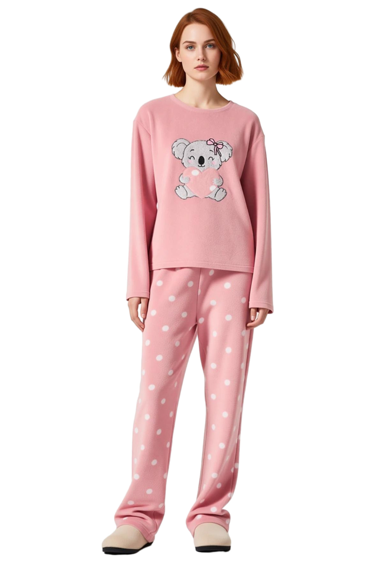 Kız Çocuk Puantiyeli Polar Pijama Takımı Sevimli Koala Baskılı Fonksiyonel Dayanıklı Rahat