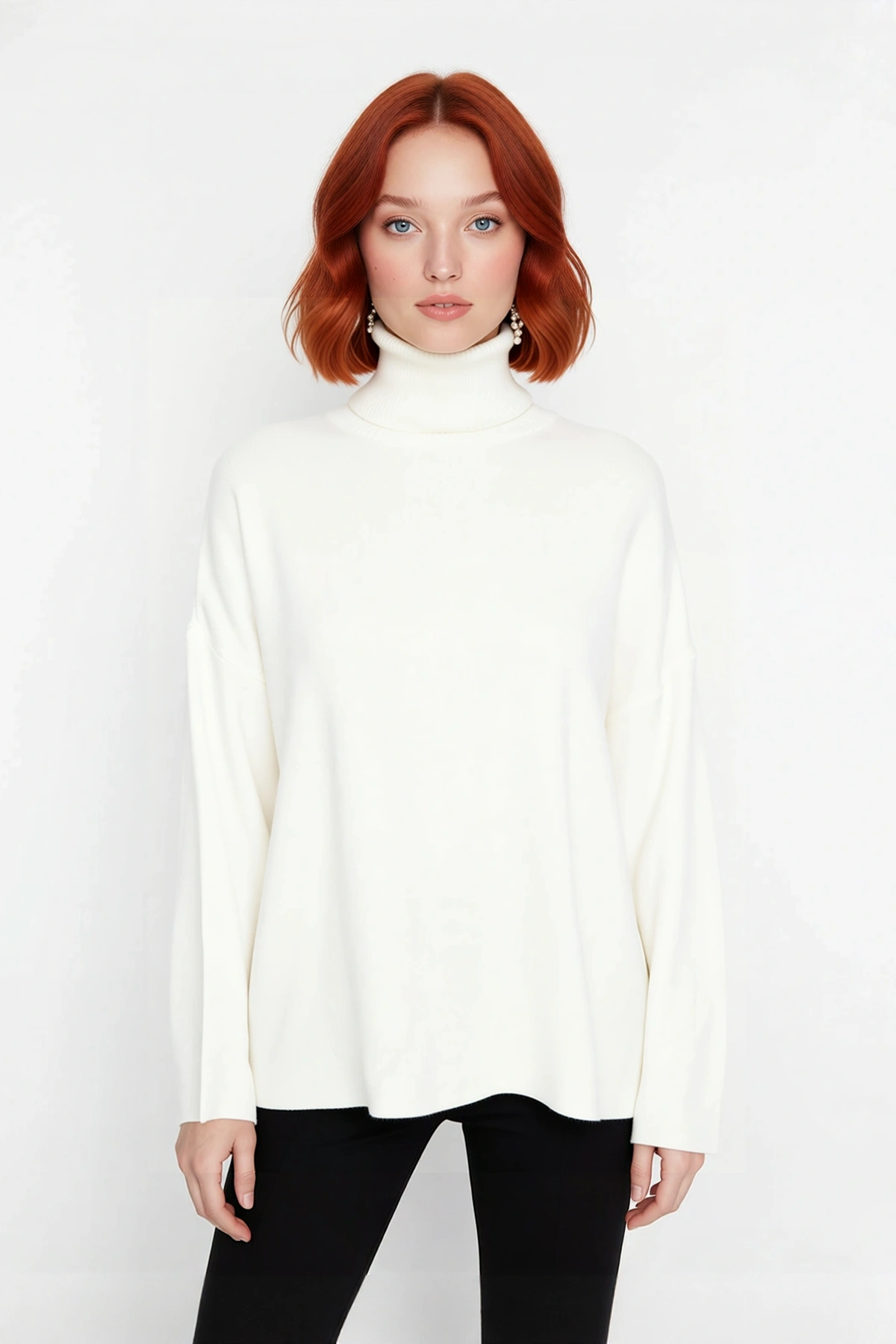 Kadın Oversize Balıkçı Yaka Düşük Kol Akrilik Triko Kazak Kış Sezonu İçin Uzun Basic Model