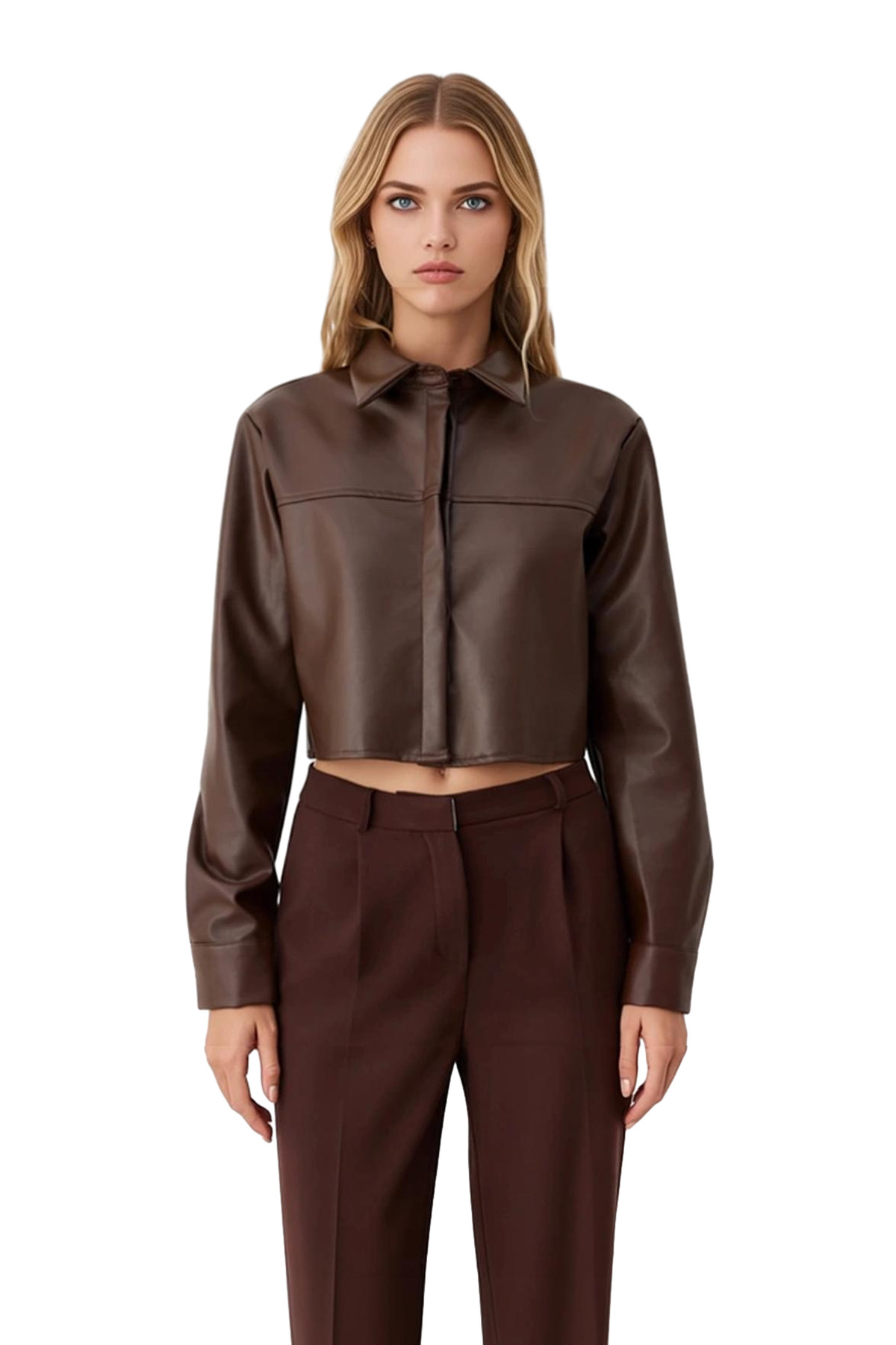 Kadın Suni Deri Crop Gömlek Fonksiyonel Dayanıklı Kaliteli Konforlu Estetik Premium Modern