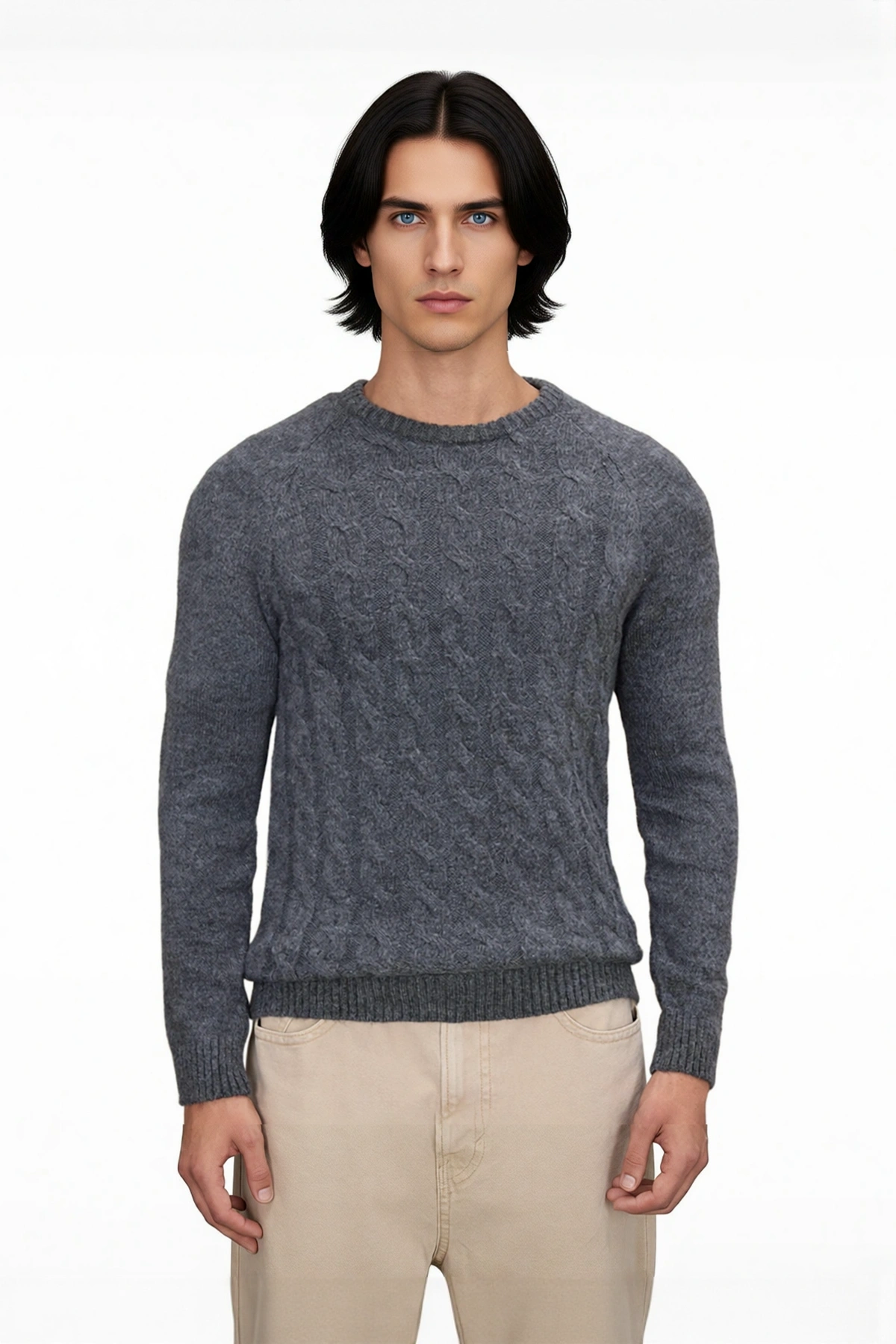 Erkek Slim Fit Bisiklet Yaka Saç Örgü Triko Kazak Kışlık Soğuk Hava Şıklığı İçin İdeal Kaliteli