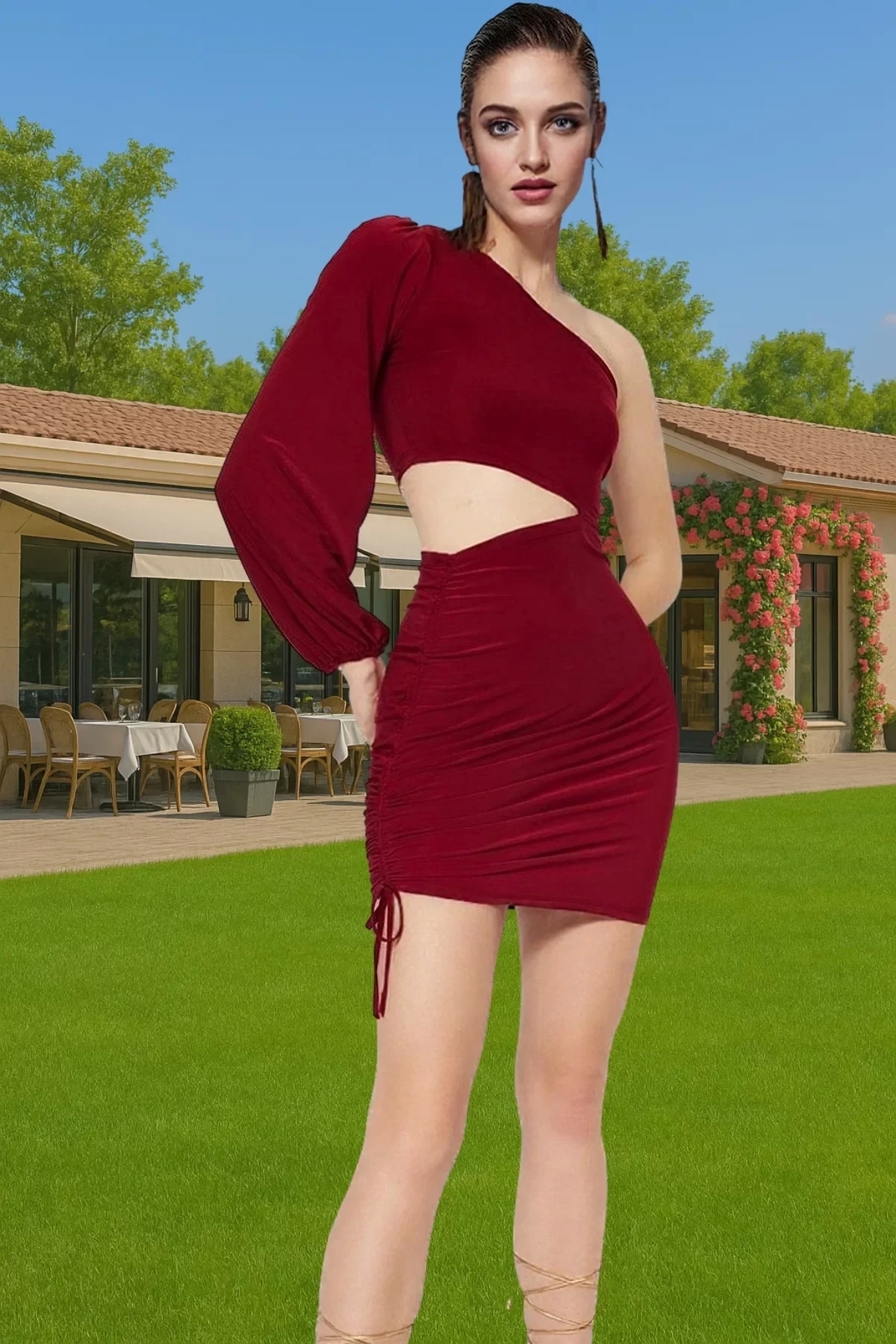 Kadın Tek Omuzlu Örme Mini Elbise Cut Out Detaylı Şık Tasarım Özel Günler İçin Günlük Kullanım