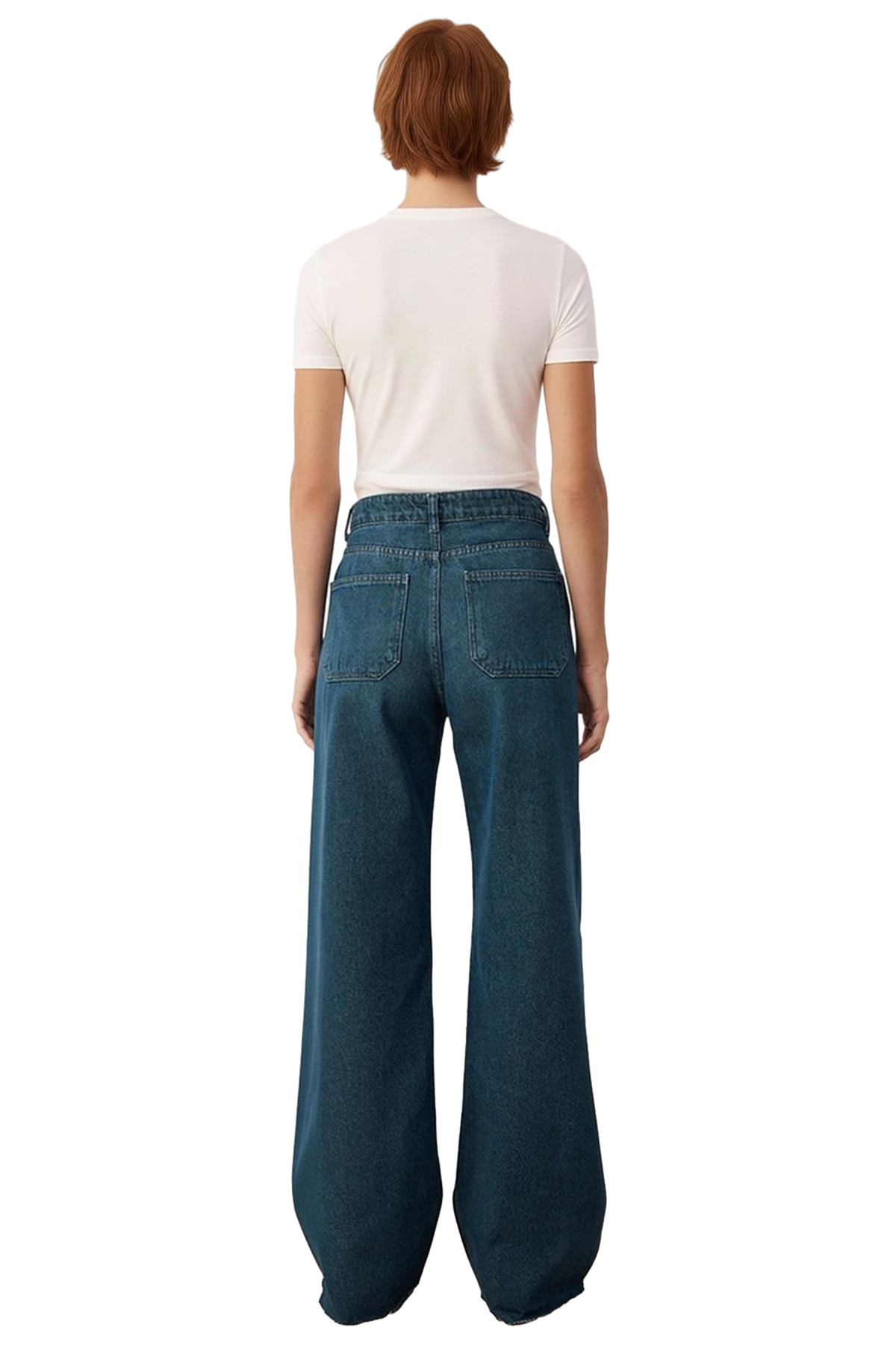 Koyu Yüksek Bel Geniş Paça Denim Kadın Pantolon Fonksiyonel Dayanıklı Kaliteli Konforlu Şık
