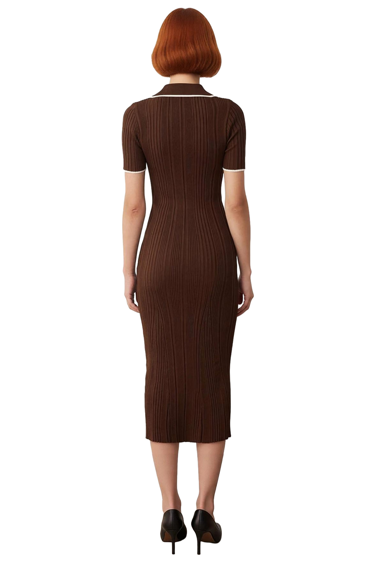 Kadın Bodycon Kesim Midi Boy Triko Elbise Polo Yakalı Renk Bloklu Kısa Kollu Şık Tasarım Kaliteli