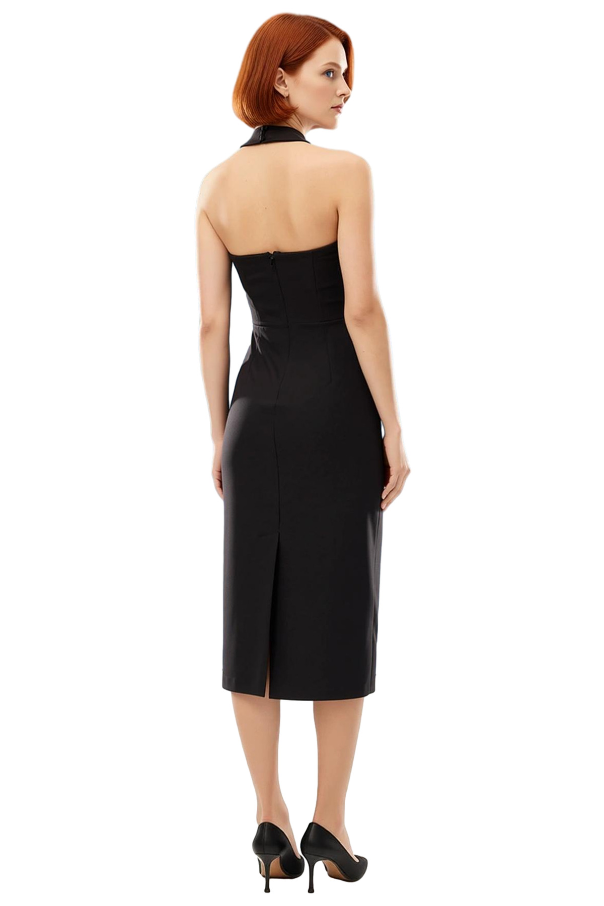 Kadın Bodycon Agraflı Askılı Midi Abiye Elbise Şık Gece Kokteyl ve Mezuniyet Davetleri İçin