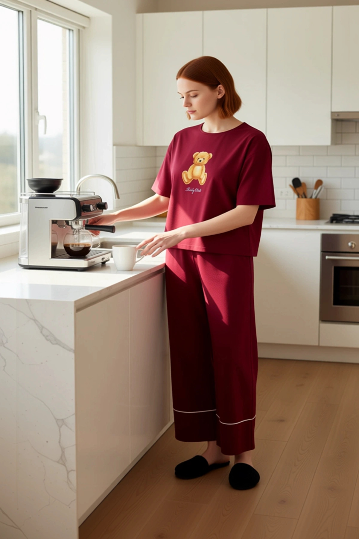 Kadin Ayicik Baskılı Wide Leg Pijama Takımı Fonksiyonel Dayanıklı Kaliteli Konforlu Modern