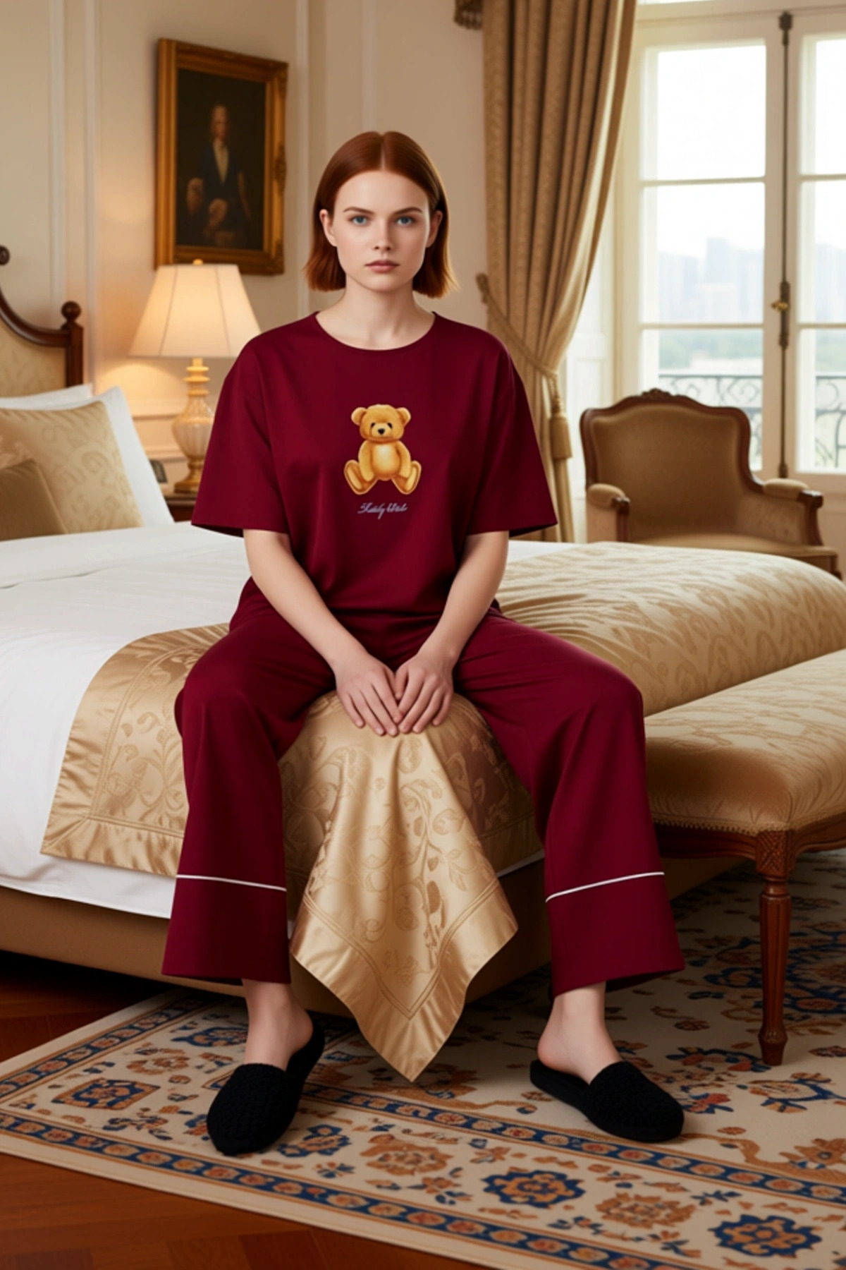 Kadin Ayicik Baskılı Wide Leg Pijama Takımı Fonksiyonel Dayanıklı Kaliteli Konforlu Modern