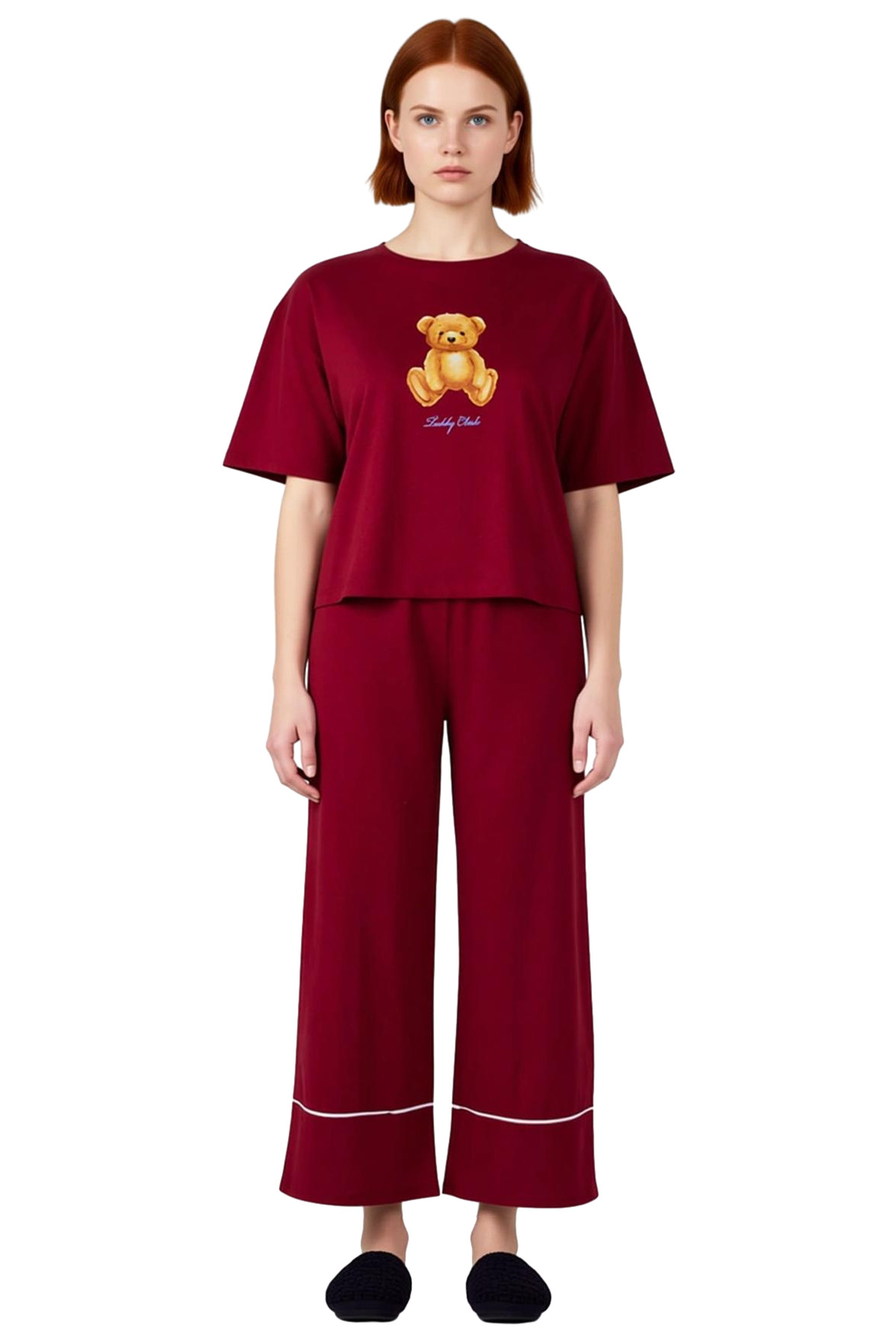 Kadin Ayicik Baskılı Wide Leg Pijama Takımı Fonksiyonel Dayanıklı Kaliteli Konforlu Modern