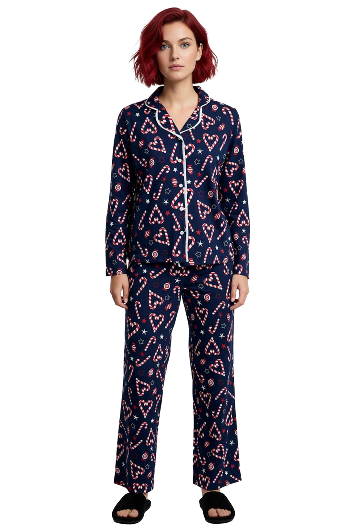 Kadın Yılbaşı Temalı Gömlek Yaka Pijama Takımı Fonksiyonel Dayanıklı Kaliteli Konforlu Şık