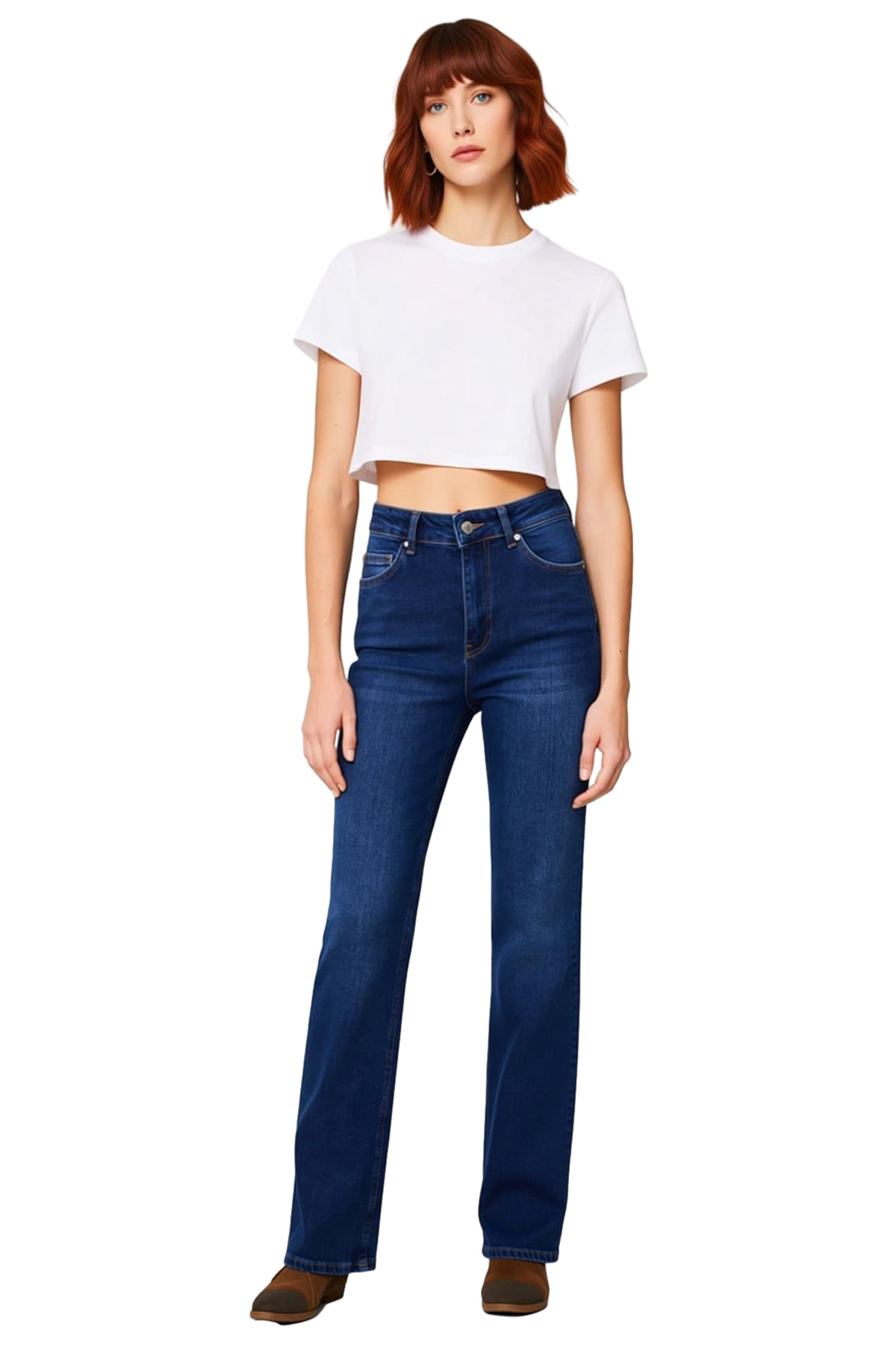 Kadın Koyu Yüksek Bel Flare Denim Pantolon Fonksiyonel Dayanıklı Kaliteli Konforlu Estetik