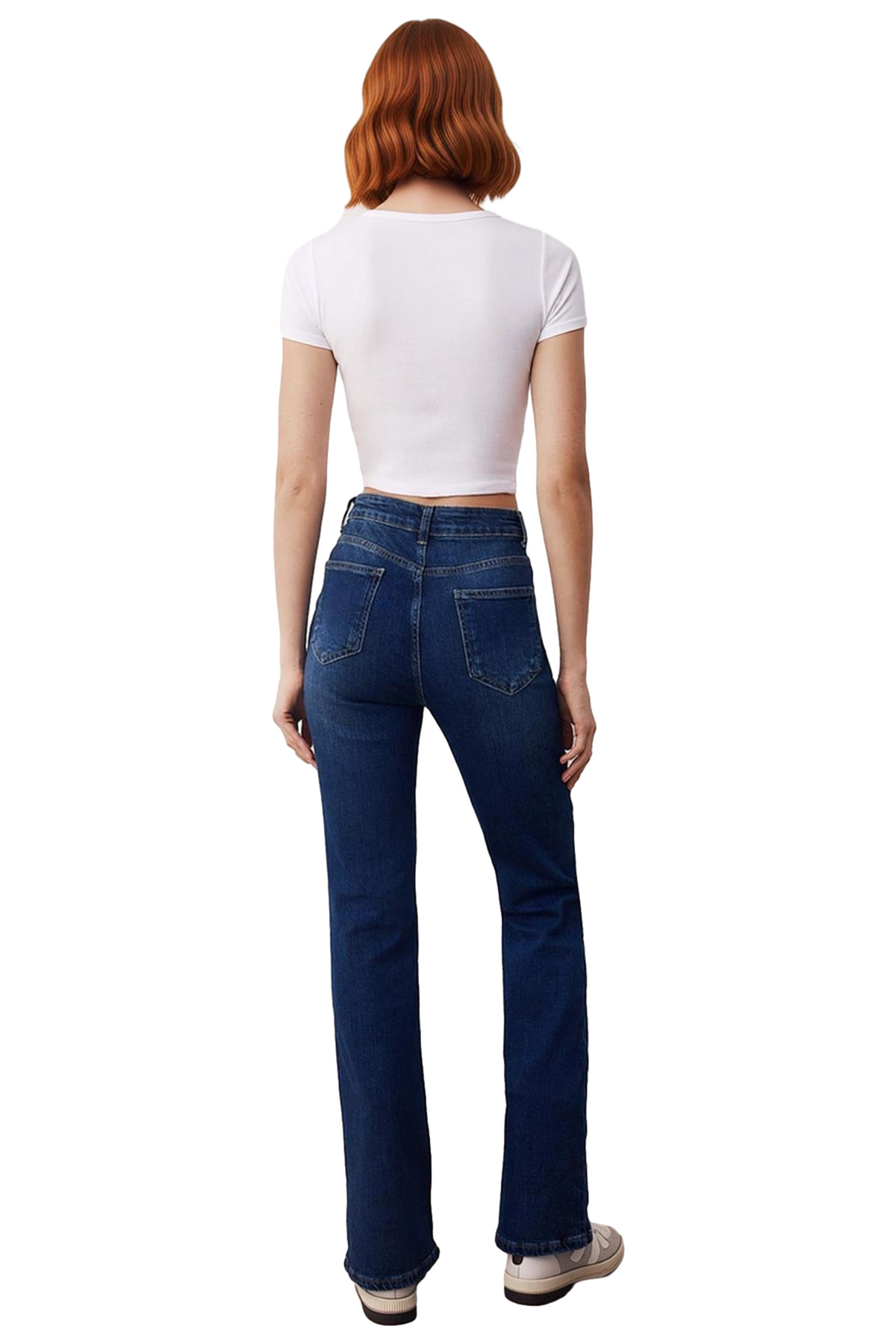 Kadın Koyu Yüksek Bel Flare Denim Pantolon Fonksiyonel Dayanıklı Kaliteli Konforlu Estetik