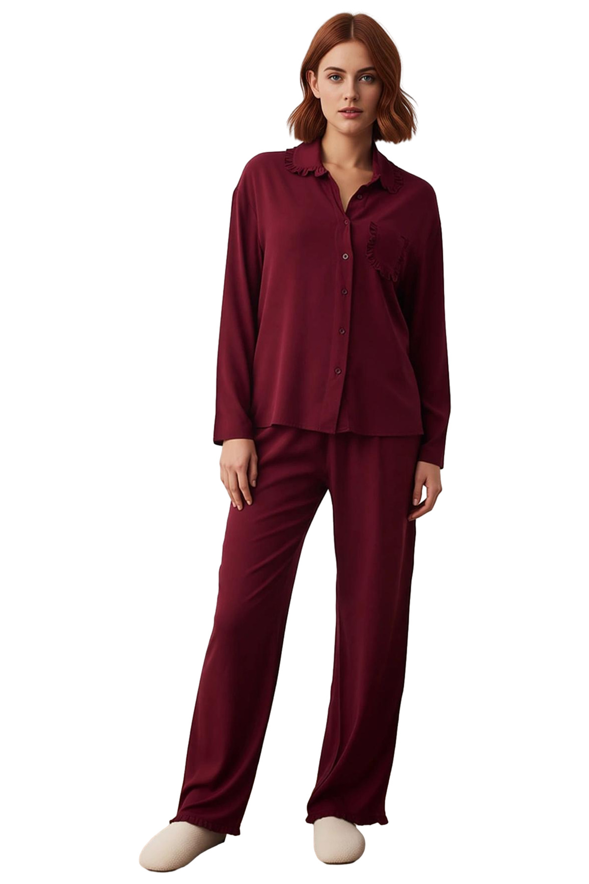 Kadın Viskoz Dokuma Pijama Takımı Fırfırlı Cep Detaylı Modern Stil Uzun Ömürlü Özel Tasarım