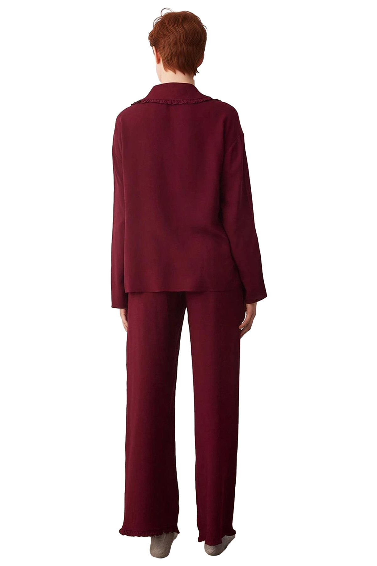 Kadın Viskoz Dokuma Pijama Takımı Fırfırlı Cep Detaylı Modern Stil Uzun Ömürlü Özel Tasarım