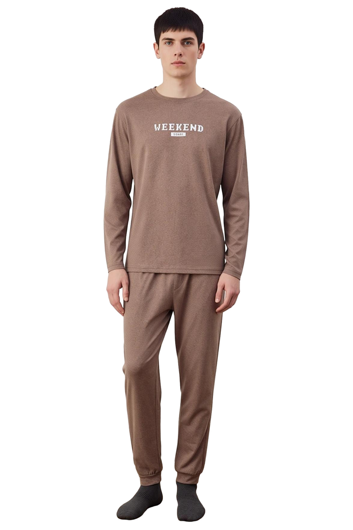 Erkek Slogan Baskılı Bisiklet Yaka Uzun Kollu Pijama Takımı Fonksiyonel Dayanıklı Kaliteli