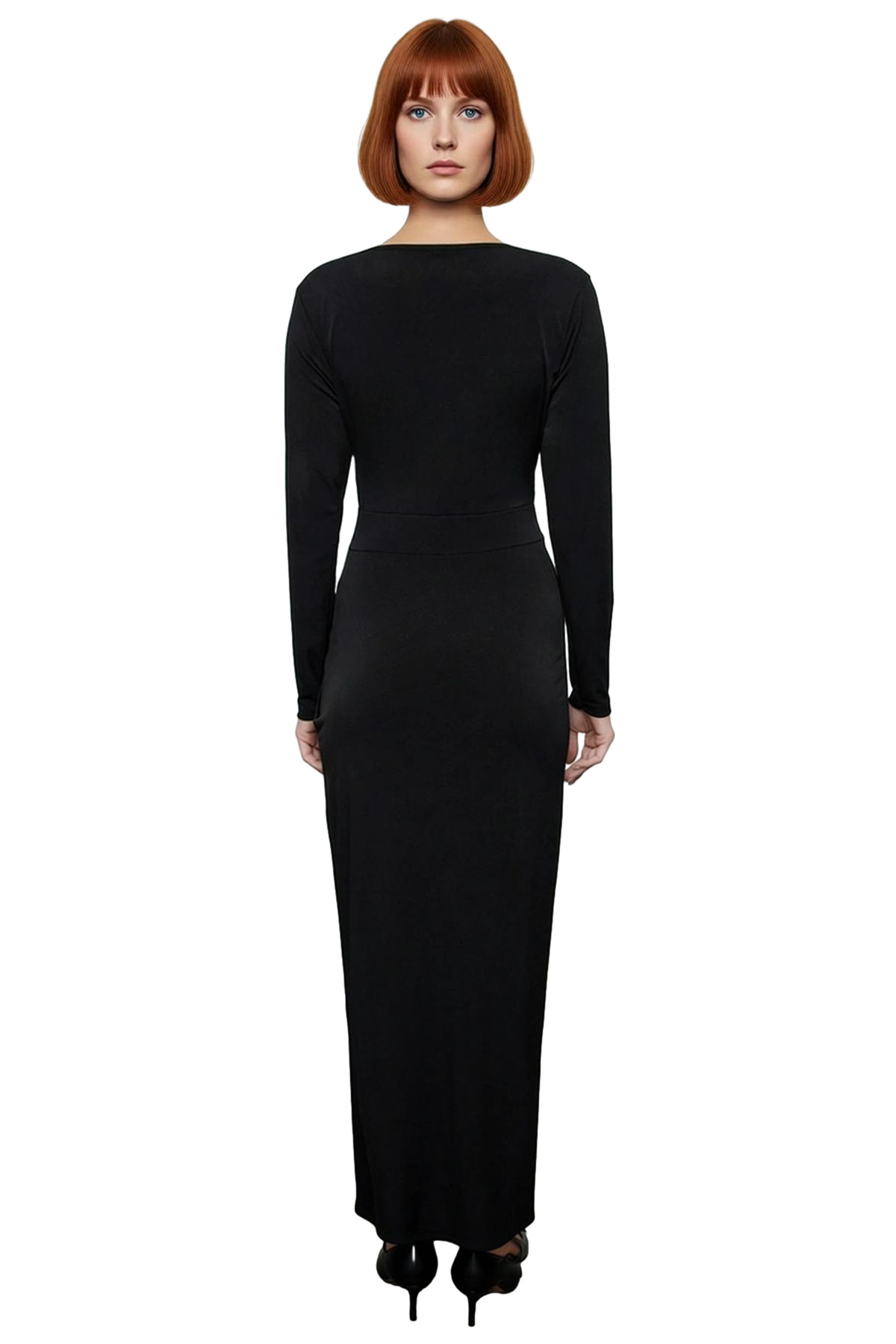 Kadın Uzun Kollu Kruvaze Yaka Bodycon Drape Detaylı Örme Sandy Dokuma Maxi Abiye Elbise Kaliteli