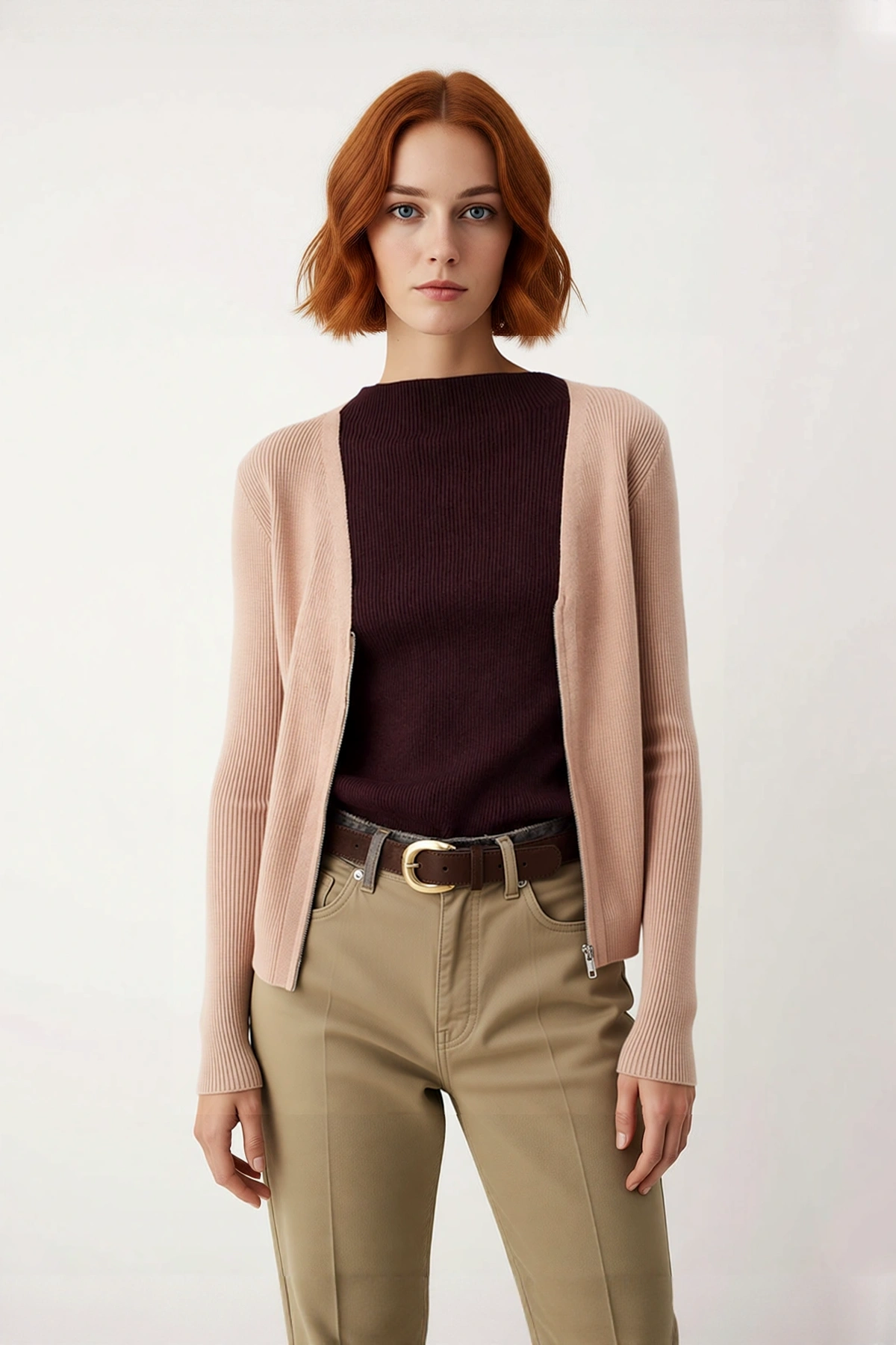 Kadın Dik Yaka Renk Bloklu Fitilli Triko Kazak Fitted Kalıp Uzun Kollu Casual Basic Model Kaliteli