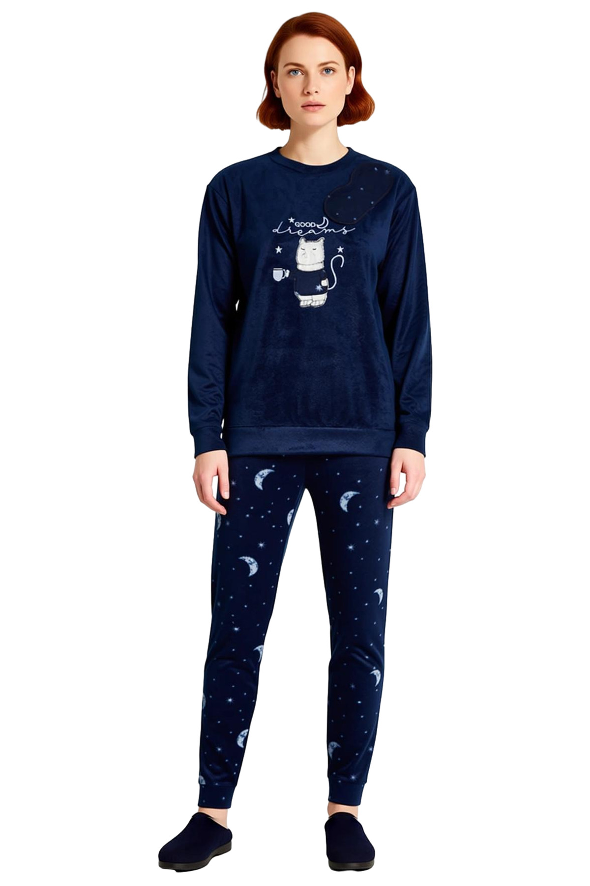 Kadife Kedi Nakışlı Pijama Takımı Kadın Fonksiyonel Dayanıklı Kaliteli Konforlu Estetik Şık