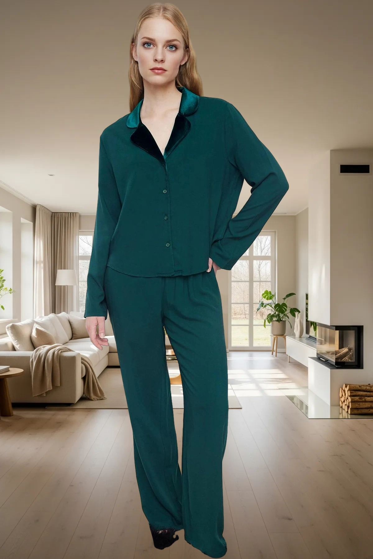 Kadın Viskoz Dokuma Pijama Takımı Kışlık Homewear Rahat Kalıp Özel Tasarım Seçkin Malzeme