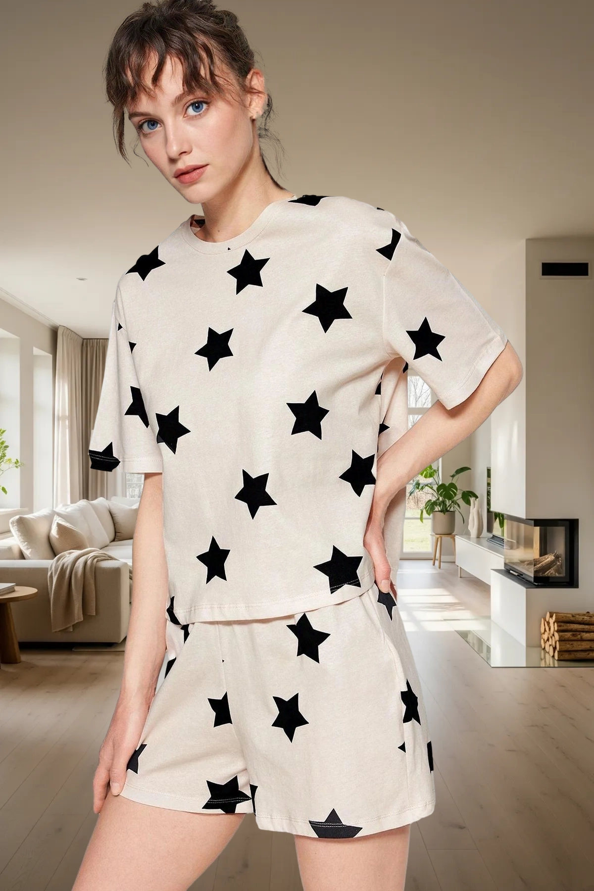 Kadın Yıldız Desenli Pamuklu Pijama Takımı Rahat Yazlık Şortlu Kaliteli İşçilik Dayanıklı Malzeme