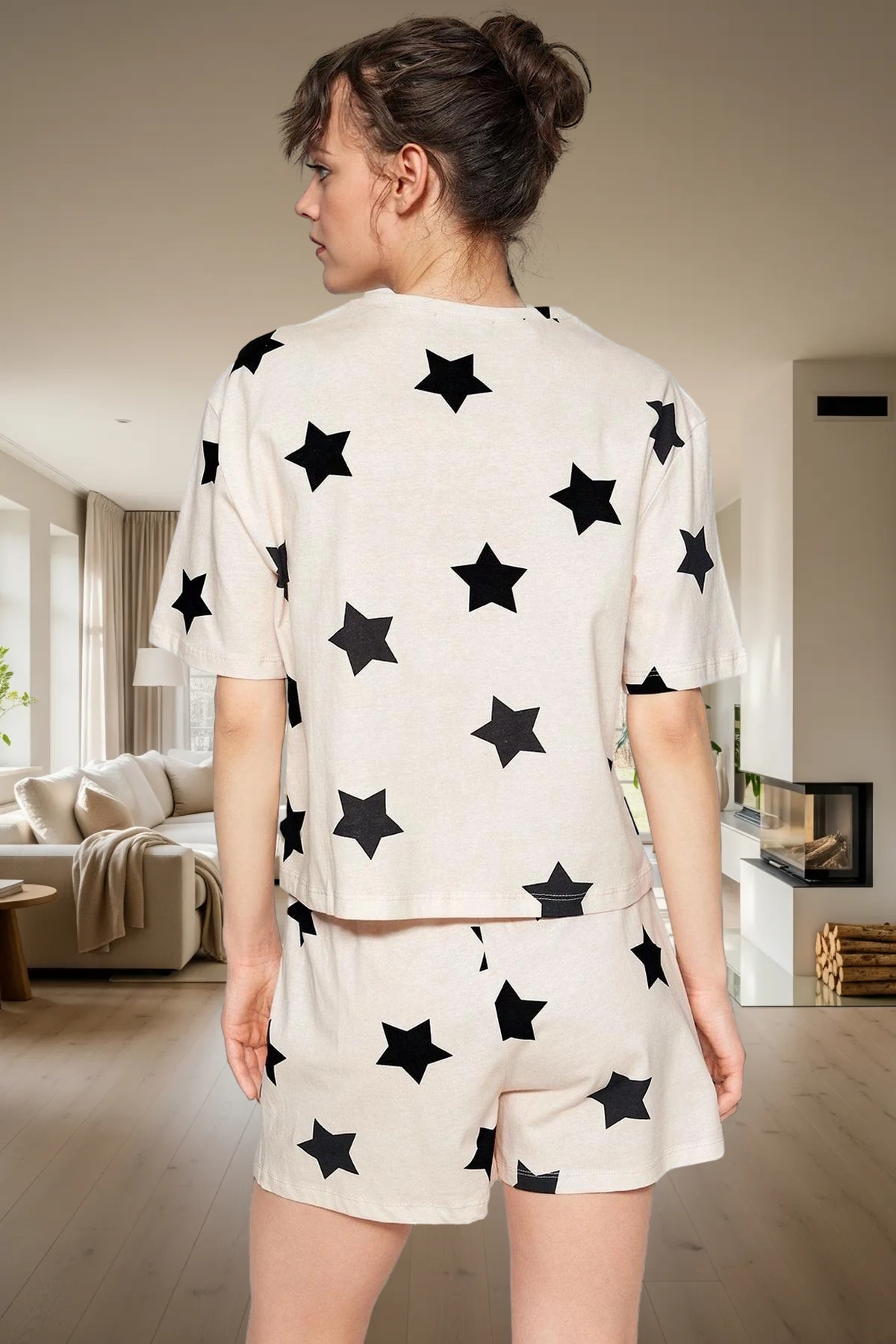 Kadın Yıldız Desenli Pamuklu Pijama Takımı Rahat Yazlık Şortlu Kaliteli İşçilik Dayanıklı Malzeme