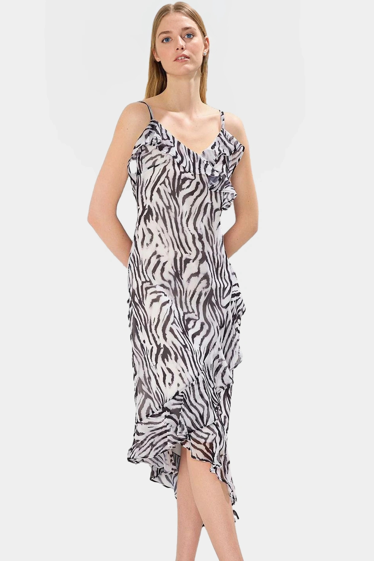 Kadın Şifon Zebra Desenli Asimetrik Maxi Elbise Yazlık Rahat Kesim Yaz Aylarının Vazgeçilmezi