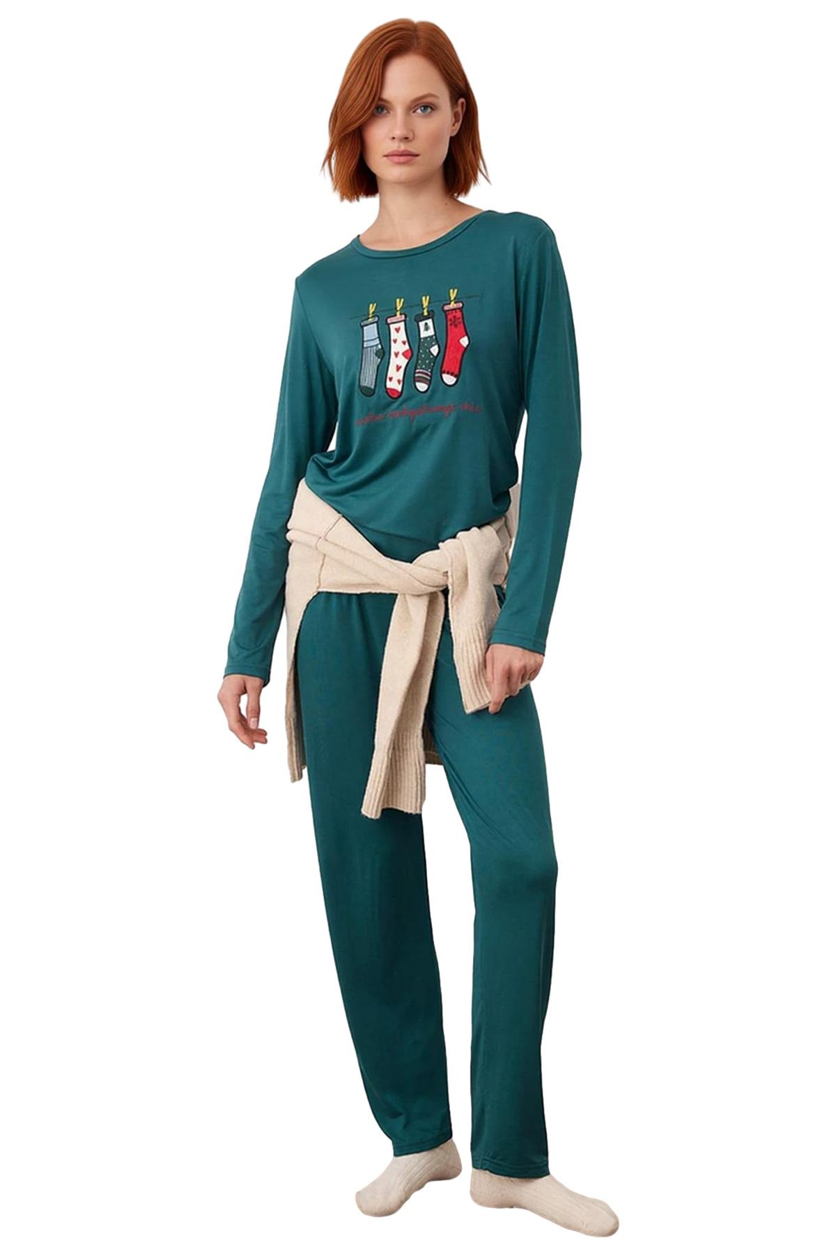 Kadın Nakışlı Bisiklet Yaka Uzun Kollu Pijama Takımı Fonksiyonel Dayanıklı Kaliteli Modern