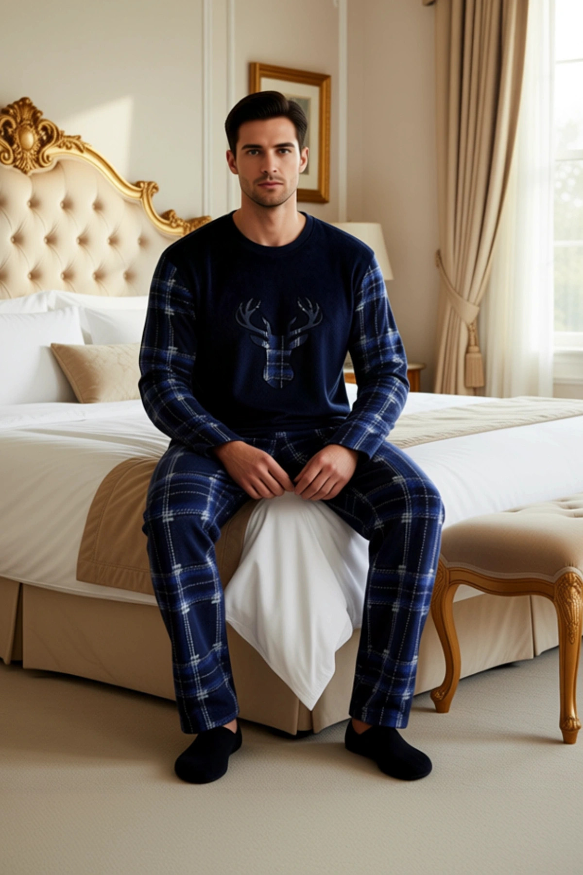 Erkek Polar Pijama Takımı Ekose Desenli Bisiklet Yaka Fonksiyonel Dayanıklı Kaliteli Rahat