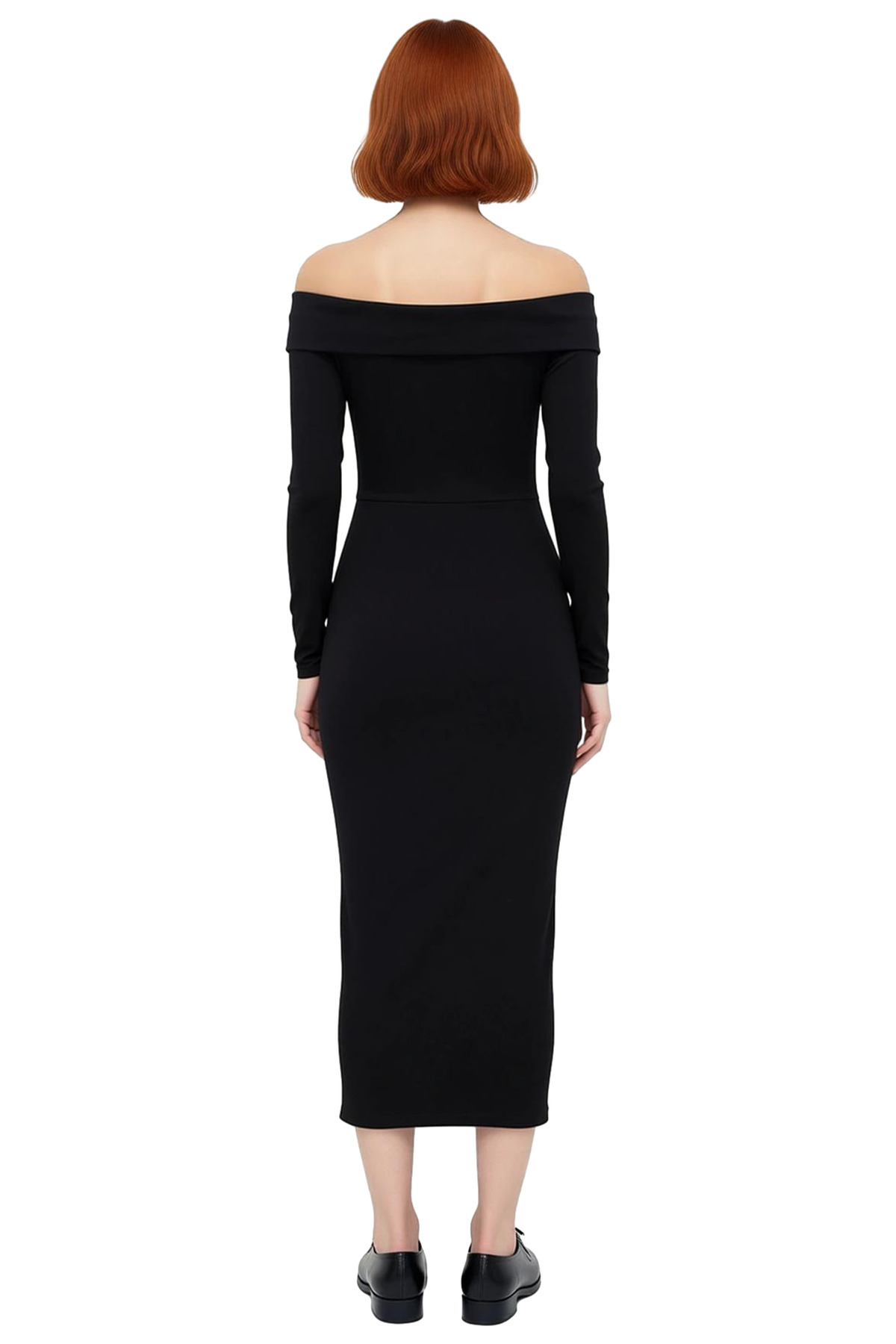 Kadın Siyah Bodycon Maxi Elbise Carmen Yaka Düşük Kol Kışlık Düz Örme Şıklığı Sunar Kaliteli