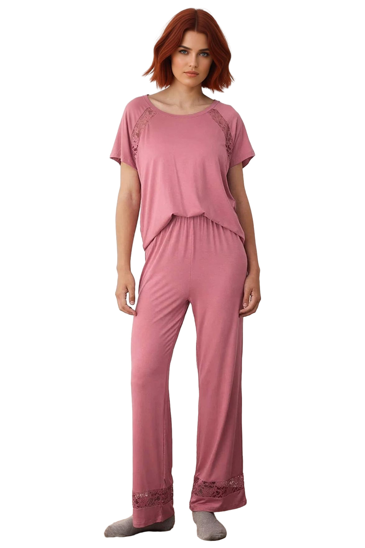 Kadın Dantel Detaylı Viskon Örme Pijama Takımı Fonksiyonel Dayanıklı Kaliteli Konforlu Şık