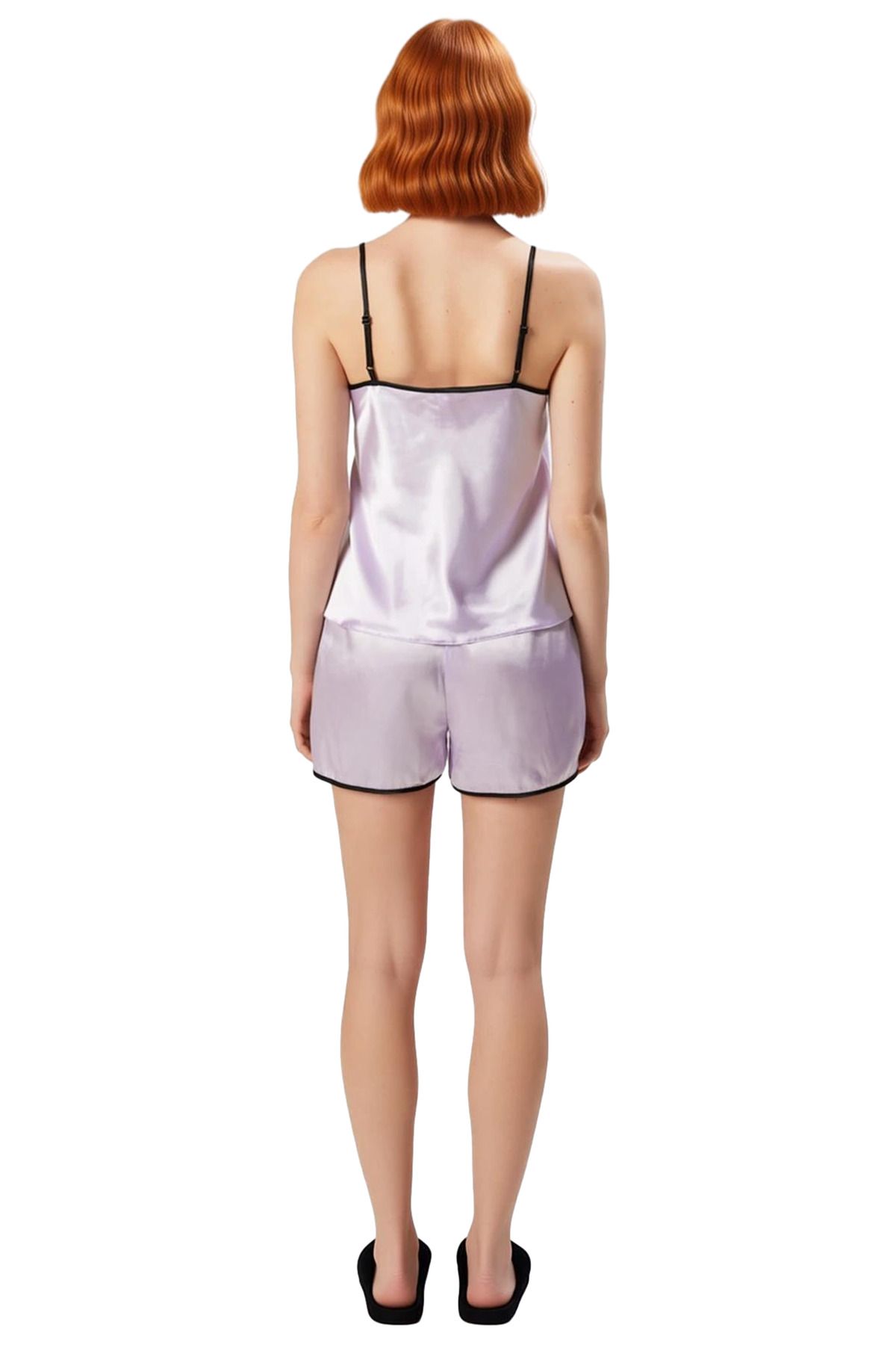 Kadın Saten Pijama Takımı İnce Askılı V Yaka Rahat Uyku Seti Yazlık