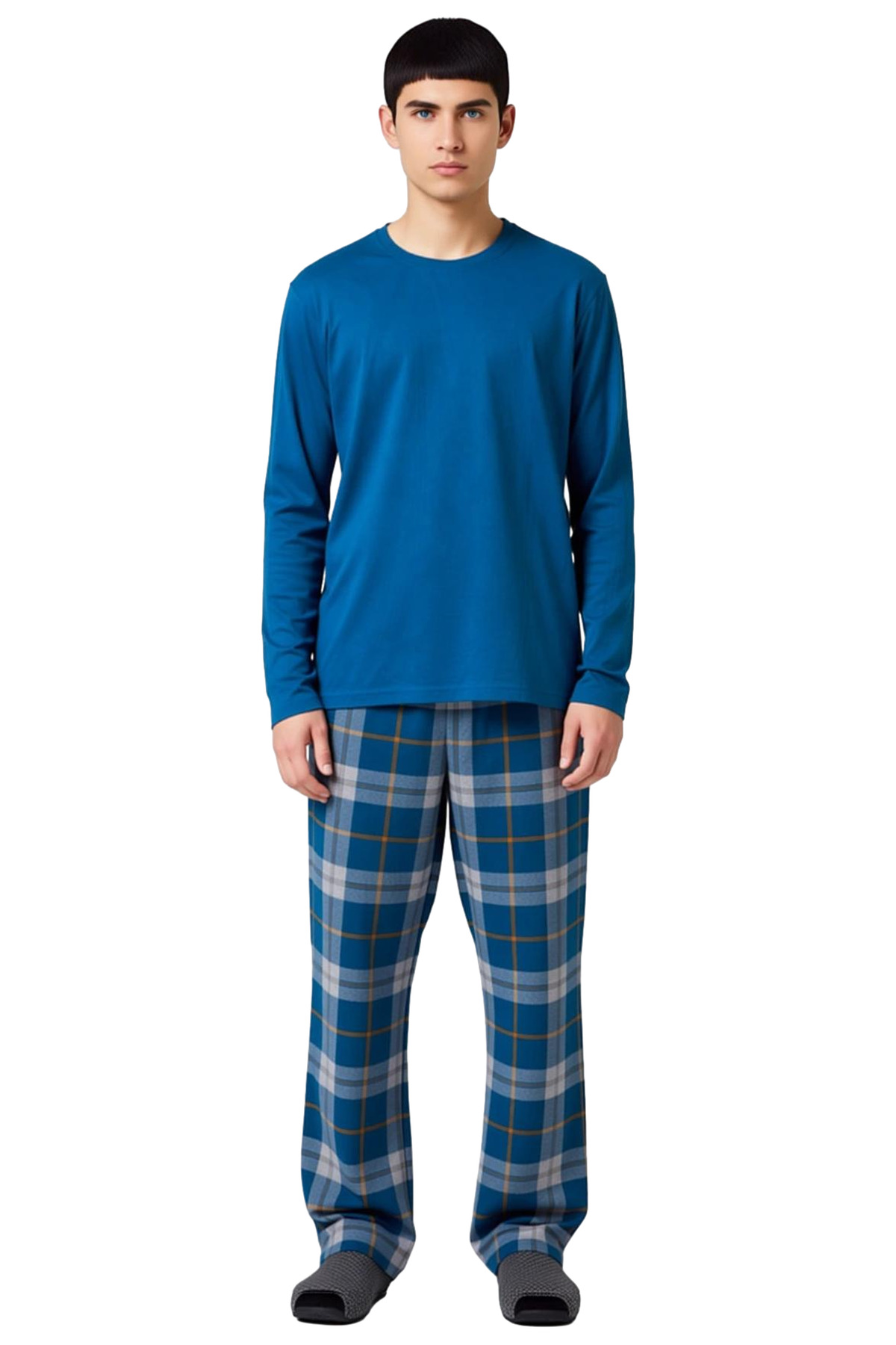 Erkek Ekose Desenli Bisiklet Yaka Pijama Takımı Fonksiyonel Dayanıklı Kaliteli Konforlu Şık