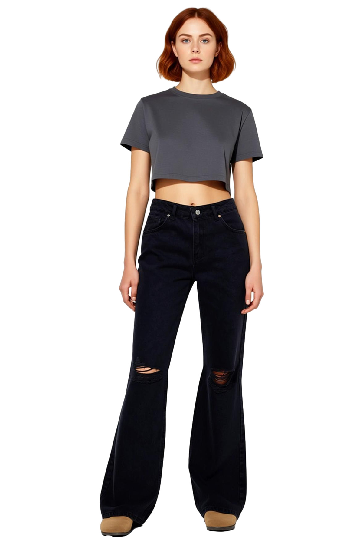 Kadın Yırtık Detaylı Wide Leg Jean Pantolon Fonksiyonel Dayanıklı Kaliteli Konforlu Modern