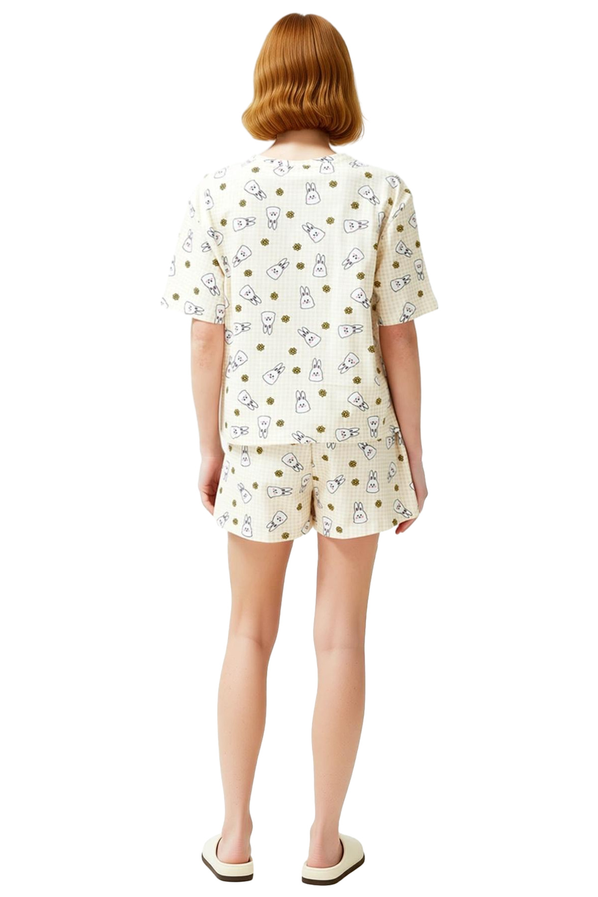 Kadın Pamuklu Tavşan Desenli Rahat Pijama Takımı Yazlık Şortlu Özel Tasarım