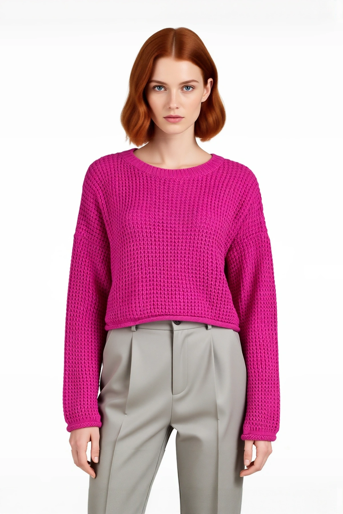 Kadın Oversize Super Crop Bisiklet Yaka Akrilik Triko Kazak Kış Günleri İçin İdeal Uzun Kollu Model