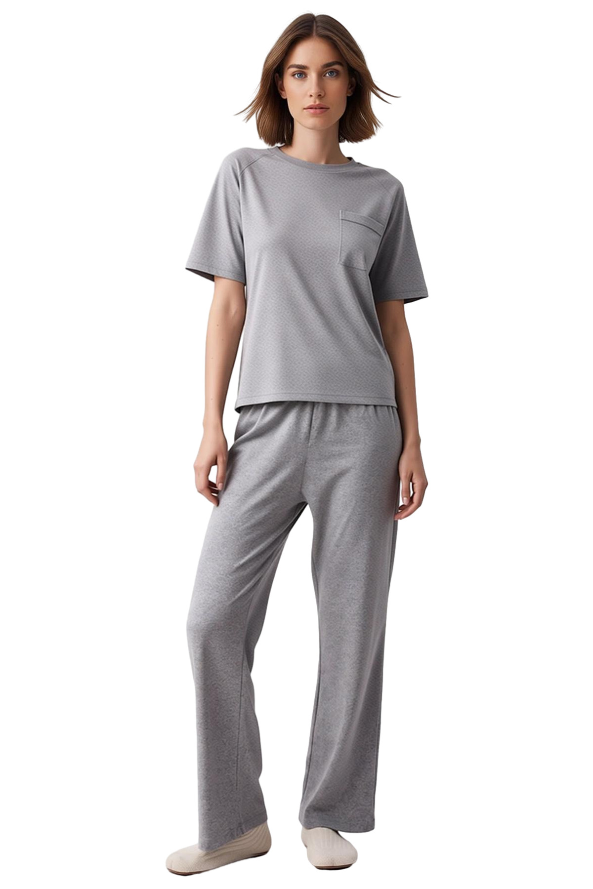 Kadın Melanj Kalp Nakışlı Pijama Takımı Fonksiyonel Dayanıklı Kaliteli Konforlu Estetik Şık