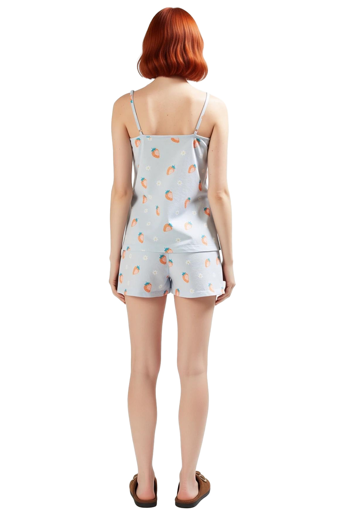 Kadın V Yaka Pamuklu Pijama Takımı Çilek Desenli Yazlık Kaliteli İşçilik Premium Kalite Şık Görünüm