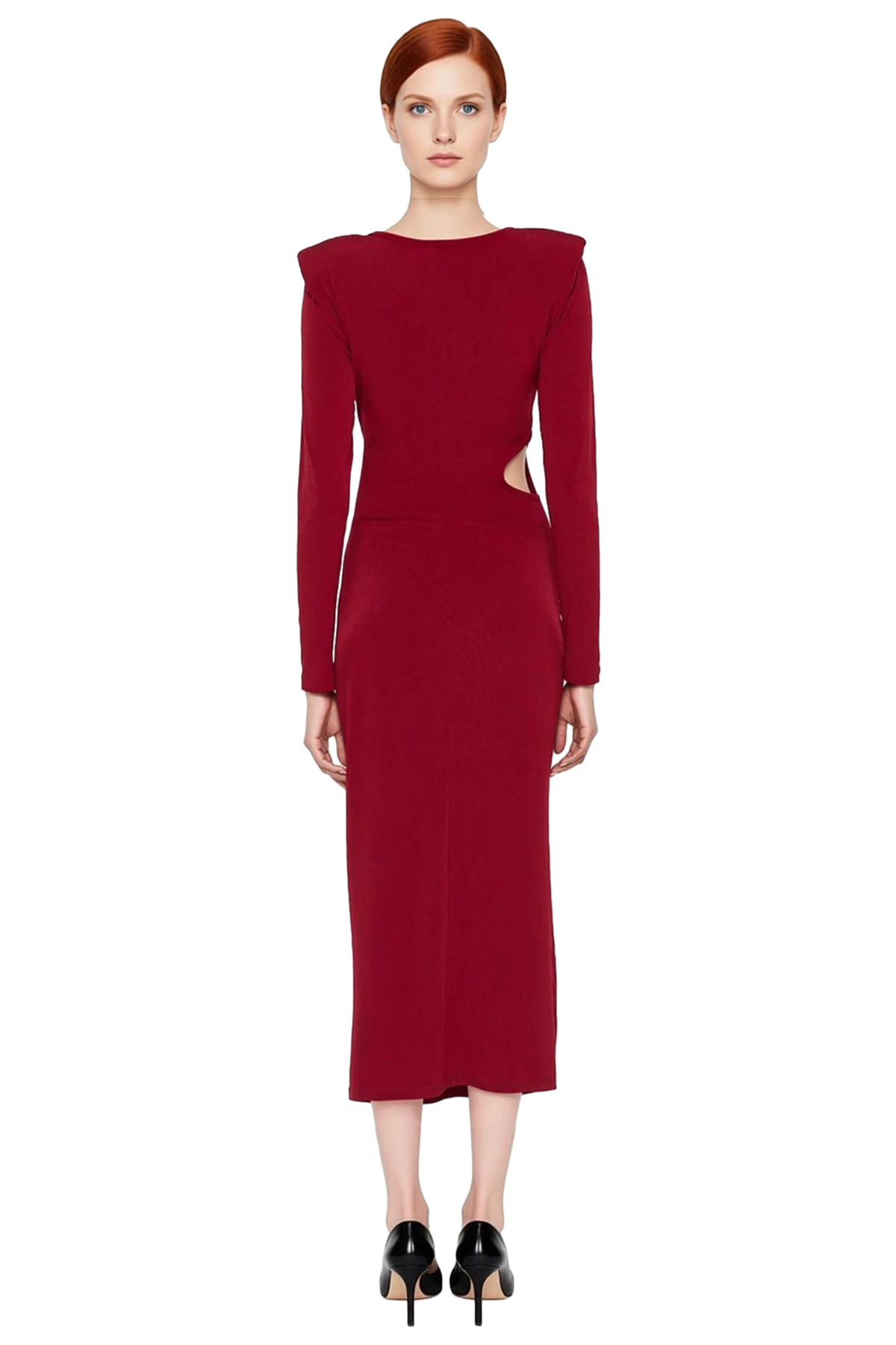 Kadın Bordo Bodycon Kesim Uzun Kollu Cut Out Detaylı Şık Maxi Elbise Gece Mezuniyet Davetleri