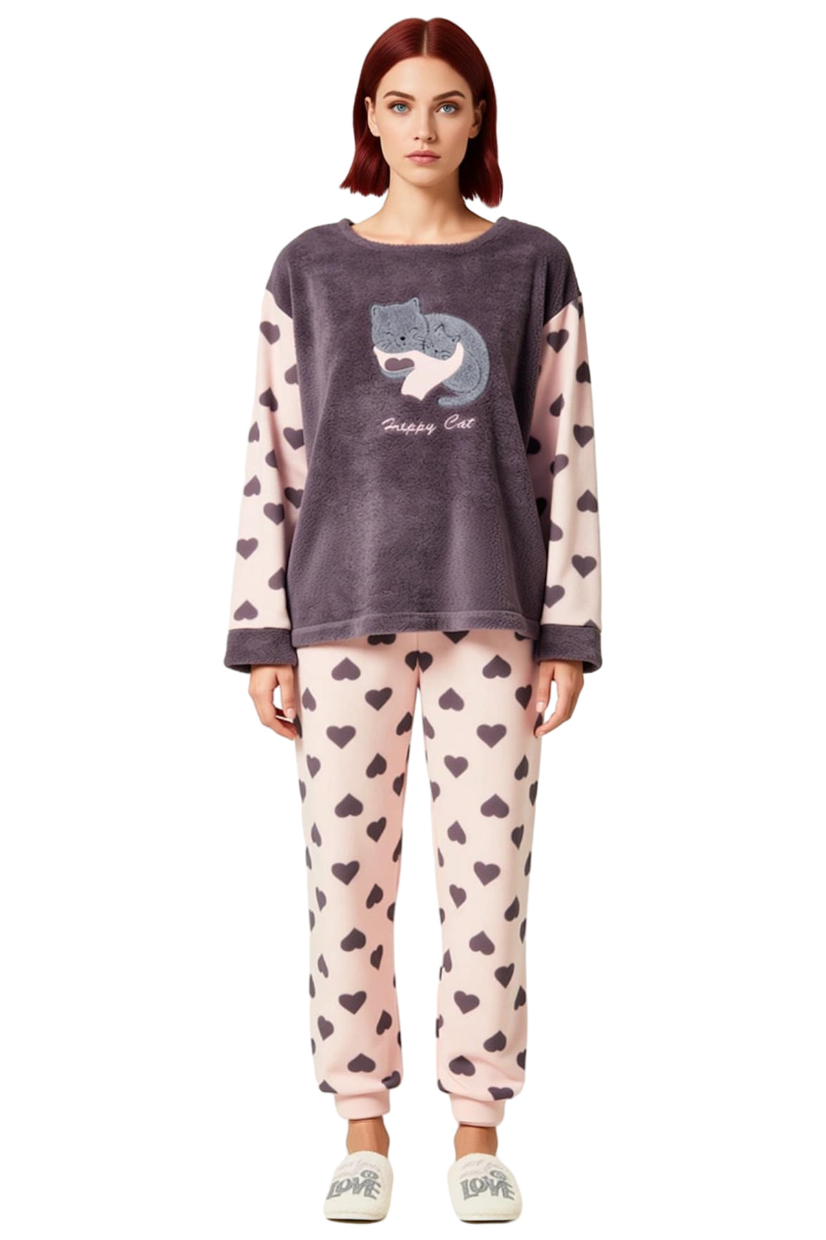 Kadın Kalpli Polar Pijama Takımı Bisiklet Yaka Uzun Kollu Fonksiyonel Dayanıklı Kaliteli Şık