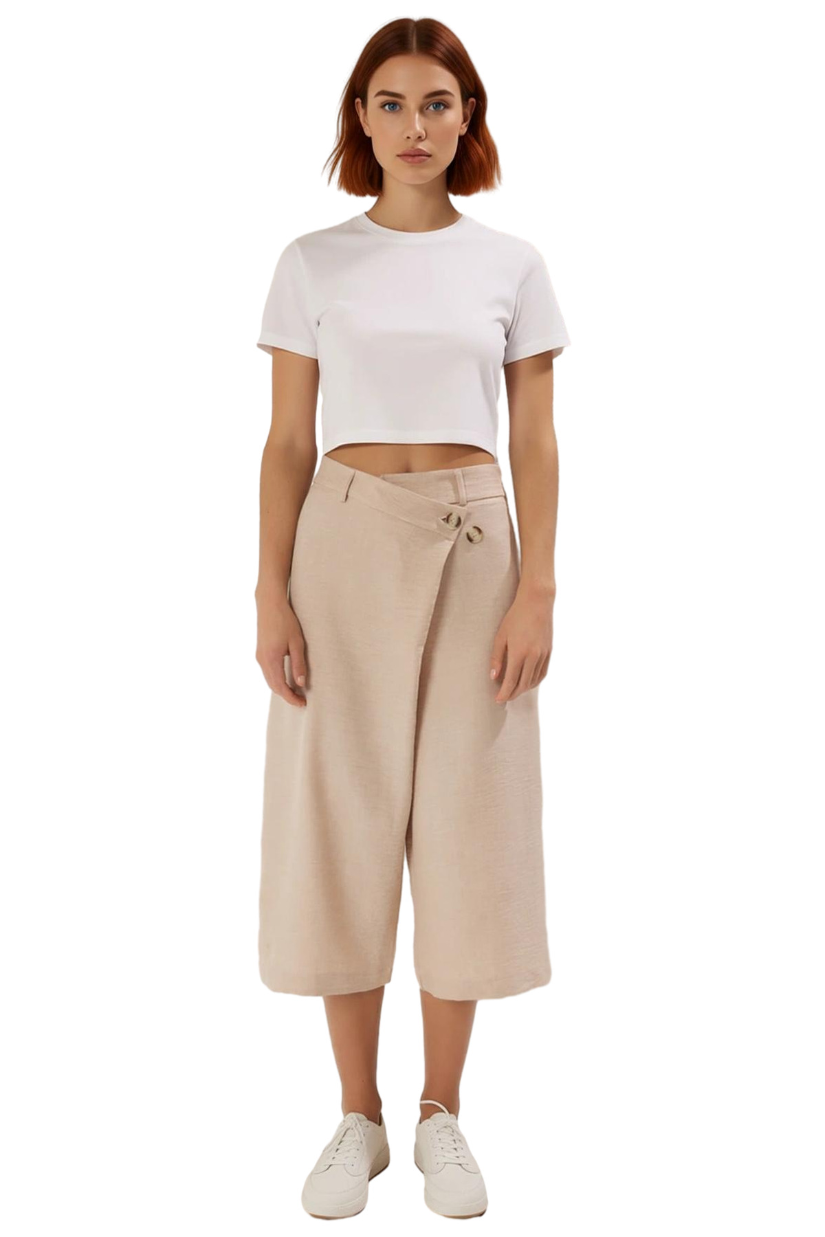Kadın Keten Görünümlü Wrap Culotte Pantolon Fonksiyonel Dayanıklı Kaliteli Konforlu Modern