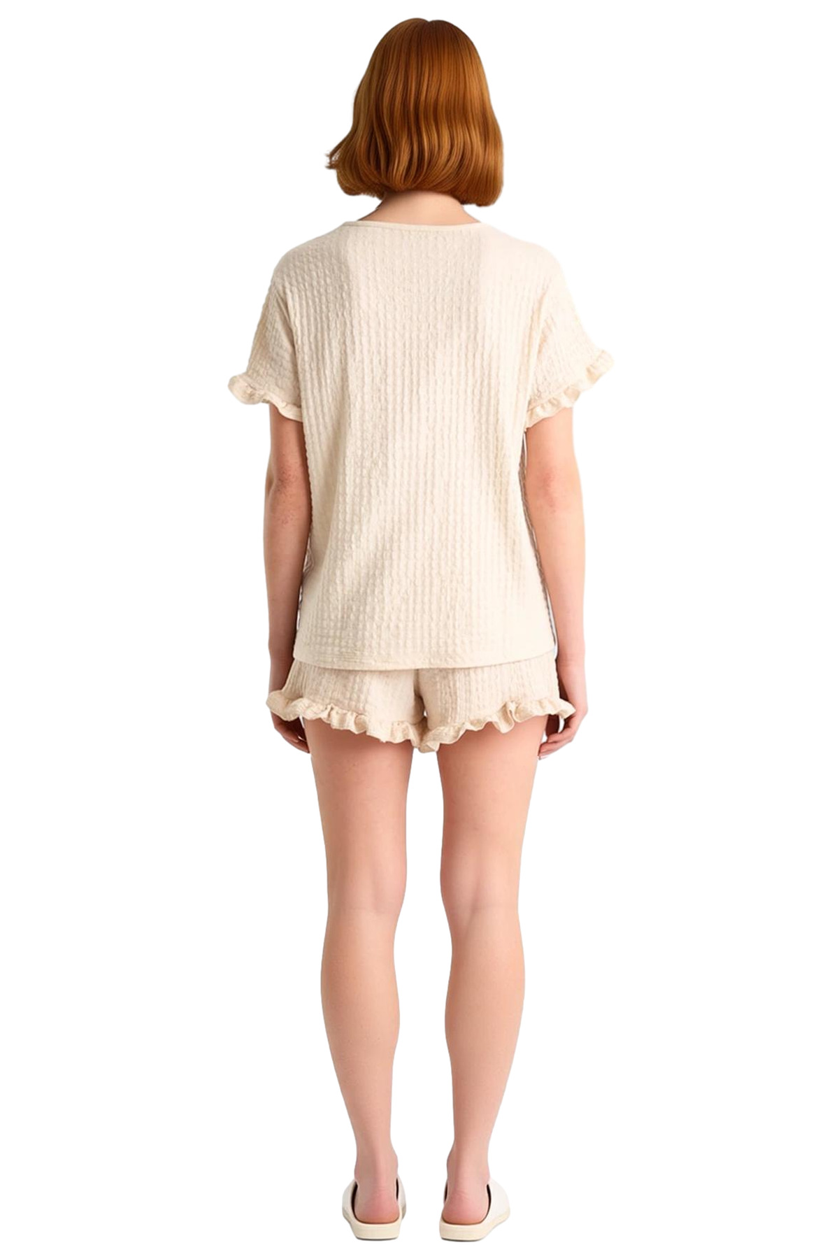 Kadın Örme Pijama Takımı Fırfırlı Şortlu Rahat Kalıp Yazlık Özenle Seçilmiş Trend Tasarım