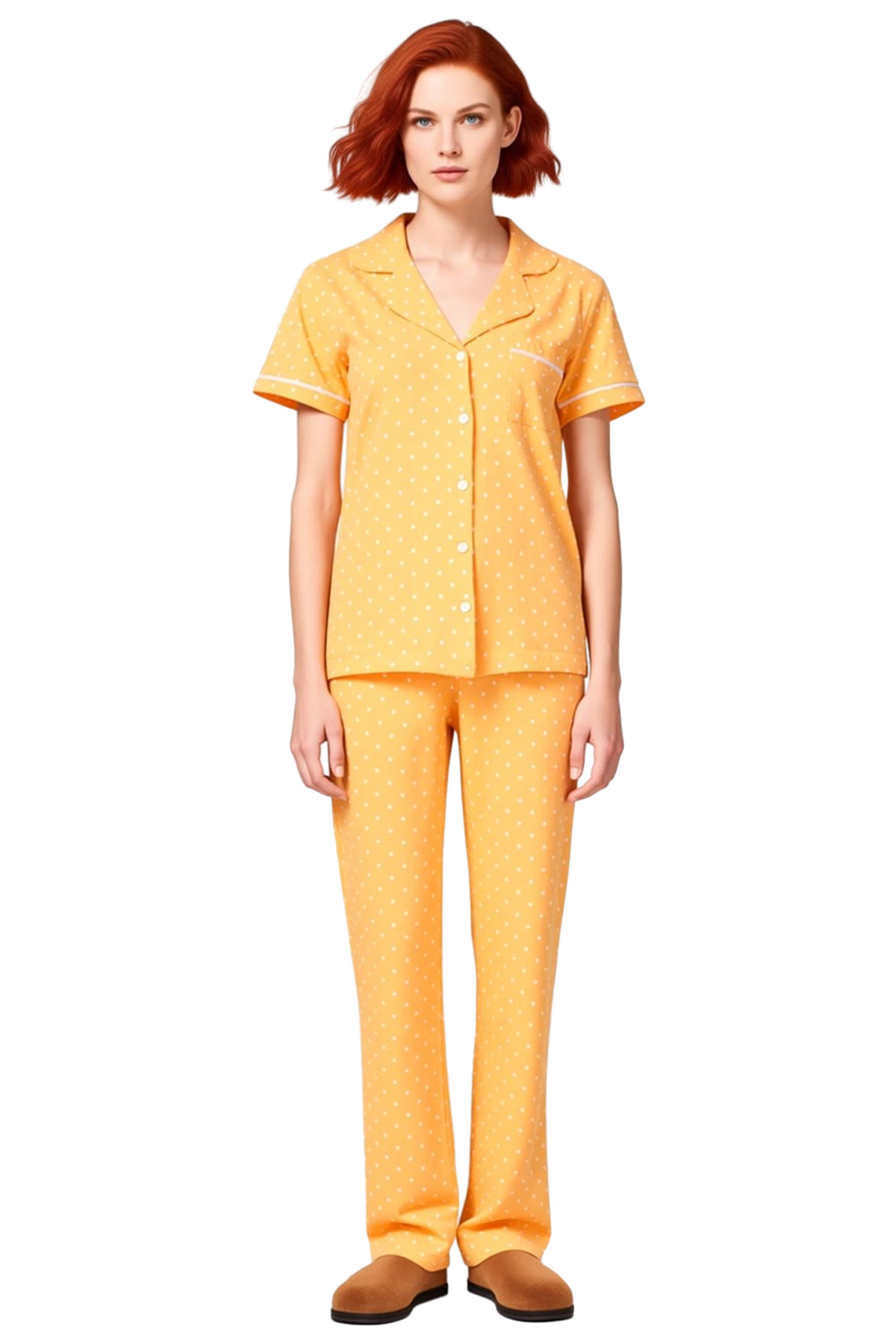 Kadın Puantiyeli Pamuklu Kısa Kollu Regular Pijama Takımı Özenle Seçilmiş Özel Tasarım Mükemmel Uyum
