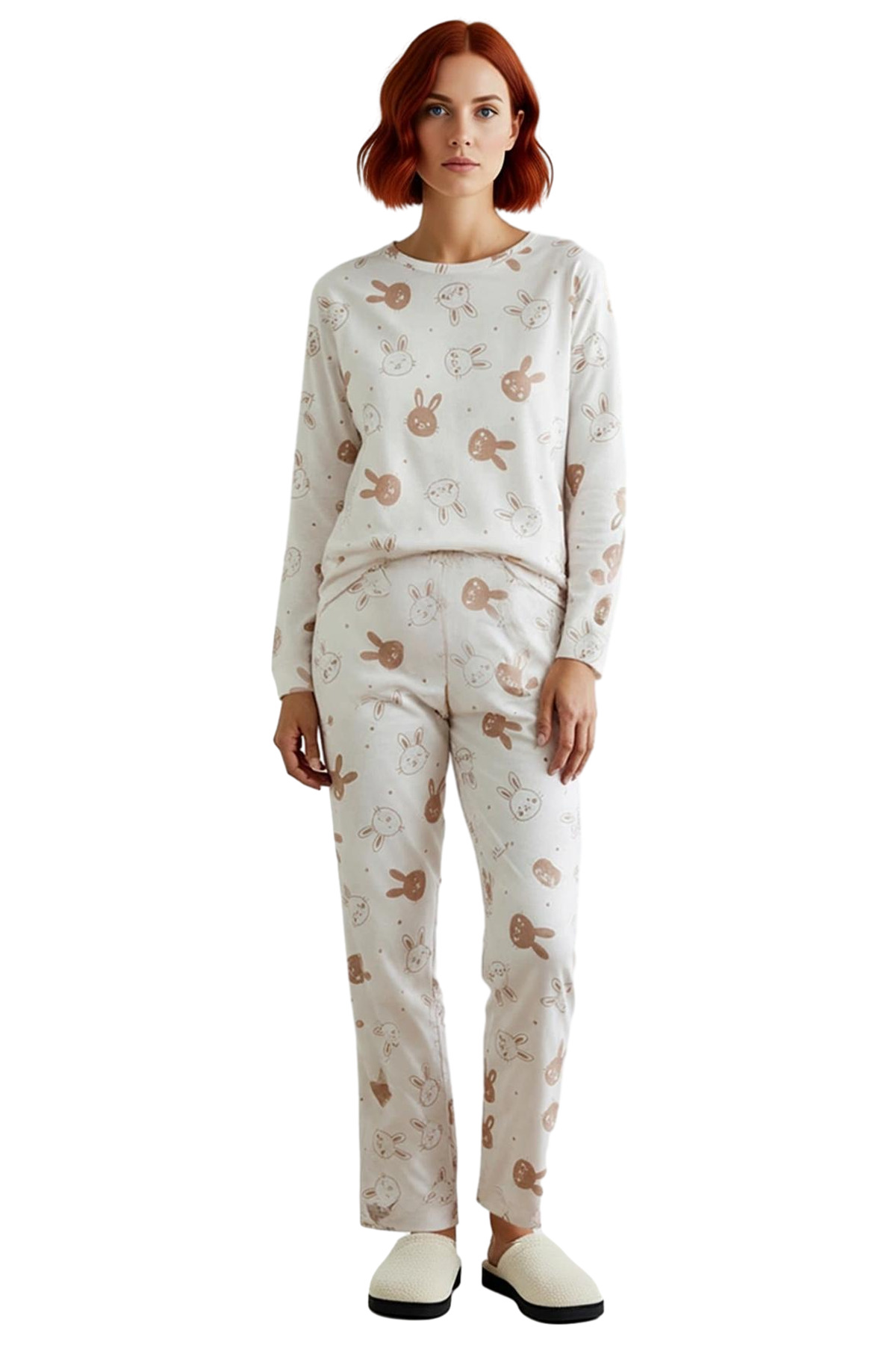 Kadın Tavşan Desenli Pijama Takımı Uzun Kollu Bisiklet Yaka Fonksiyonel Dayanıklı Kaliteli