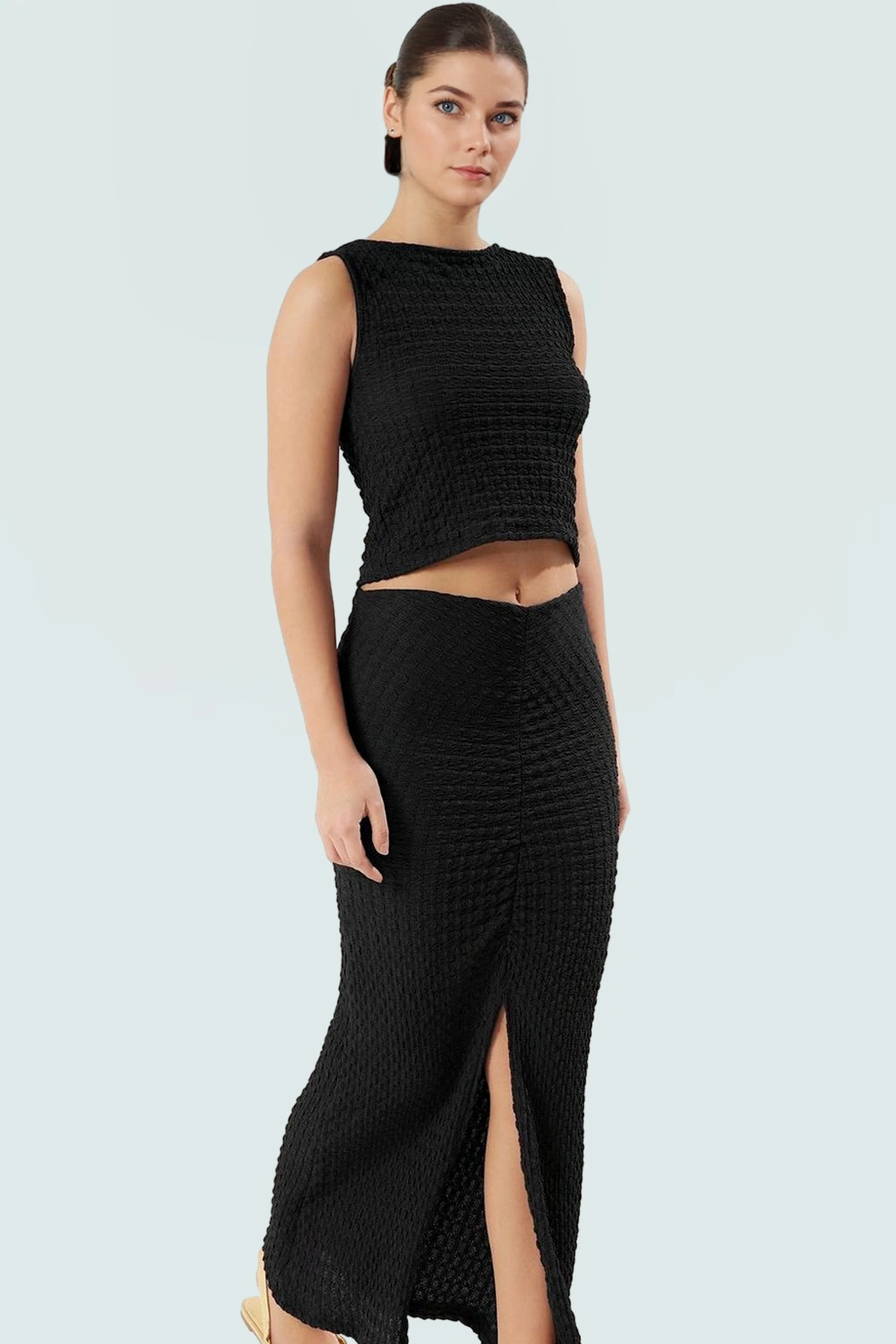 Kadın Örme Fitted Kalem Etek Bluz Takım Günlük Yaz Konforlu Kesim Modern Stil Seçkin Malzeme
