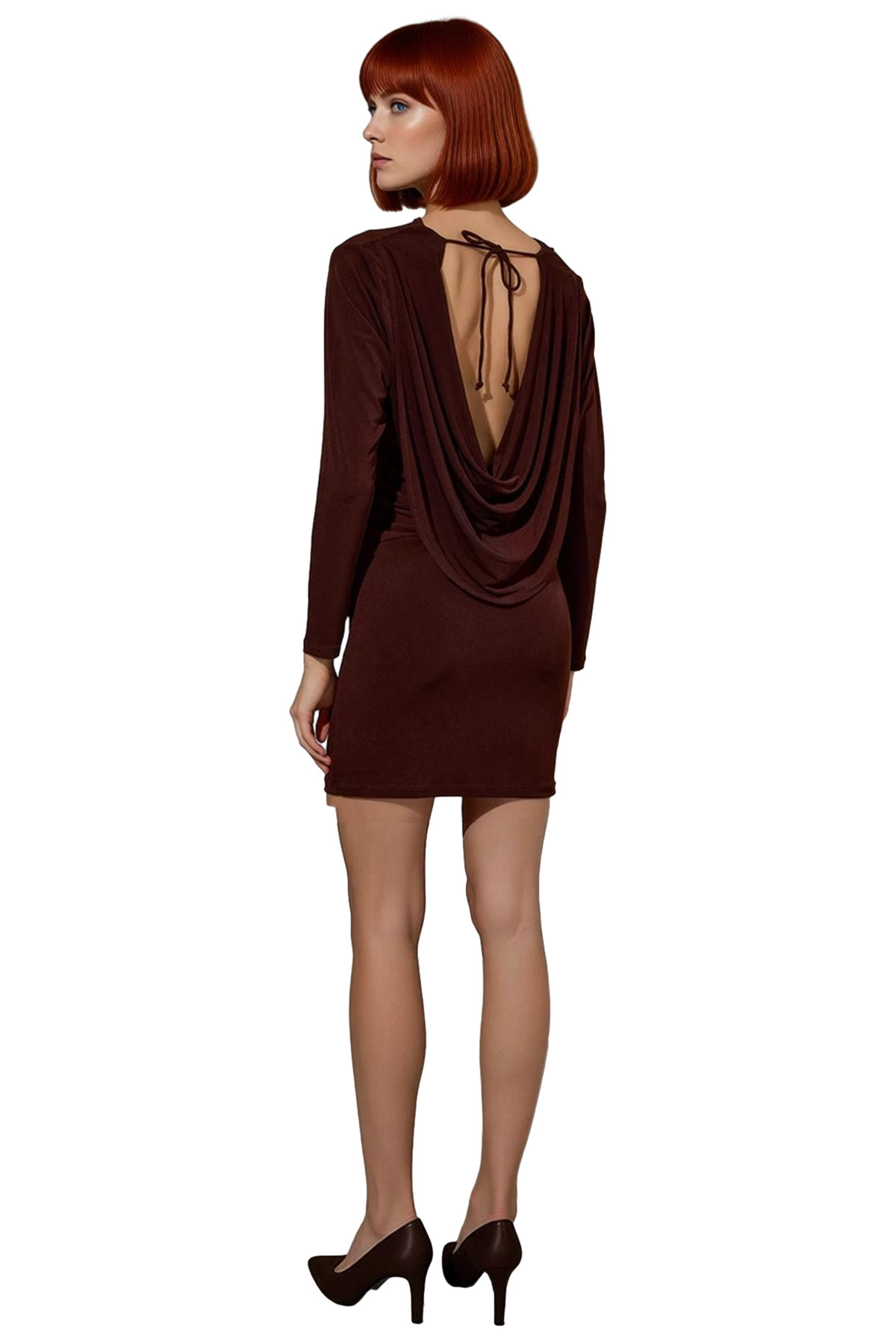 Kadın Bodycon Mini Uzun Kollu Düz Kayık Yaka Sırt Dekolteli Kalın Sandy Örme Elbise Kaliteli