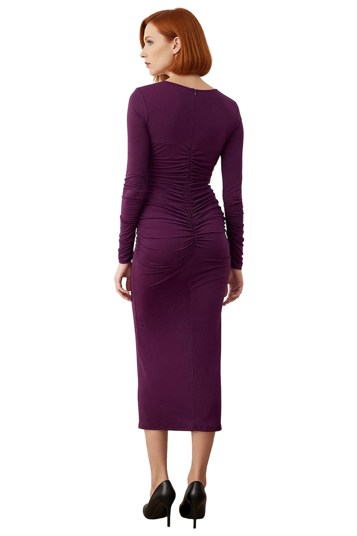 Kadın Bodycon Kalıp Uzun Kollu Midi Boy Düz Bisiklet Yaka Elbise Şık Gece Kombinleri İçin Kışa Özel