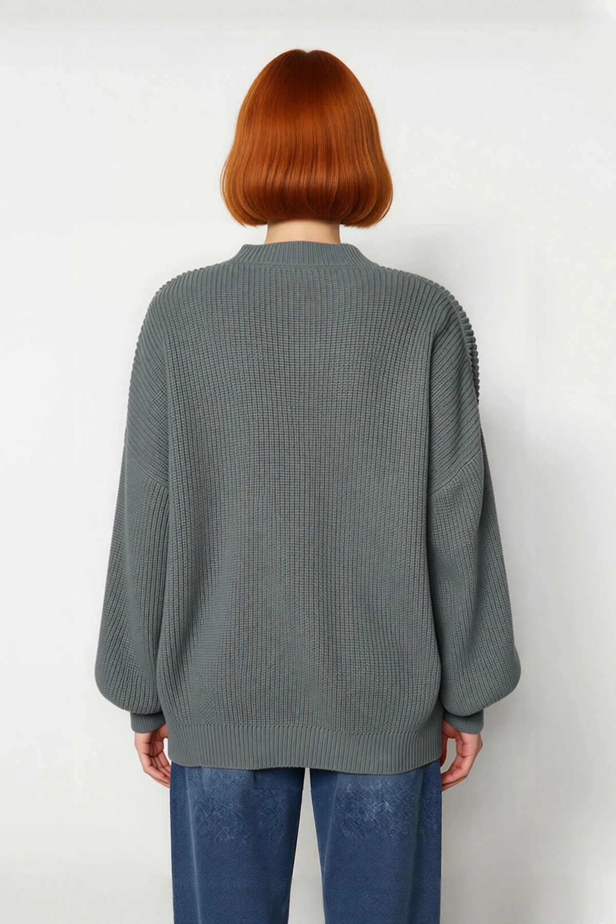 Kadın Oversize Balon Kol Selanik Dokuma Bisiklet Yaka Uzun Düz Basic Triko Kazak 100% Akrilik