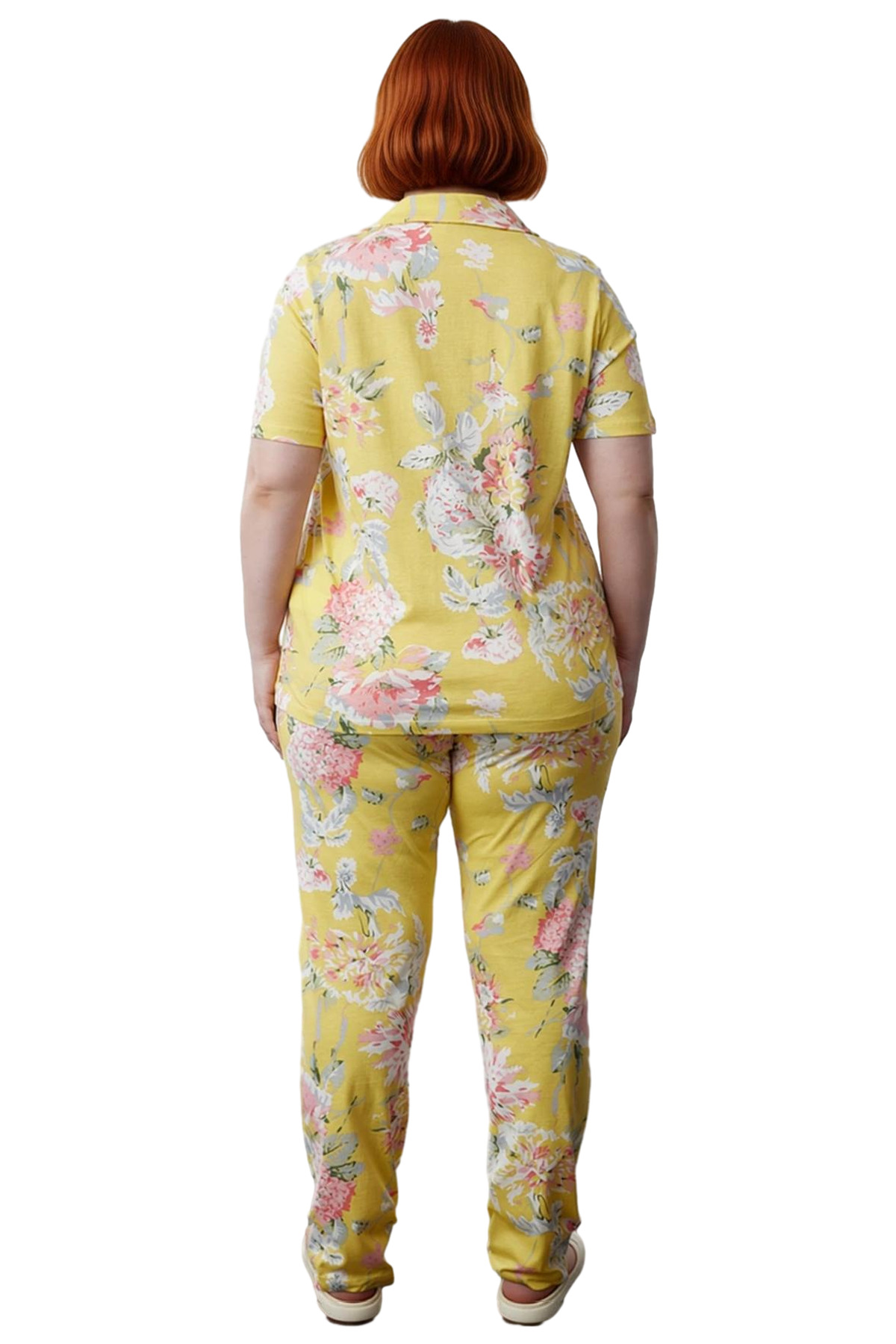 Kadın Çiçek Desenli Gömlek Yaka Örme Pijama Takımı Fonksiyonel Dayanıklı Kaliteli Konforlu