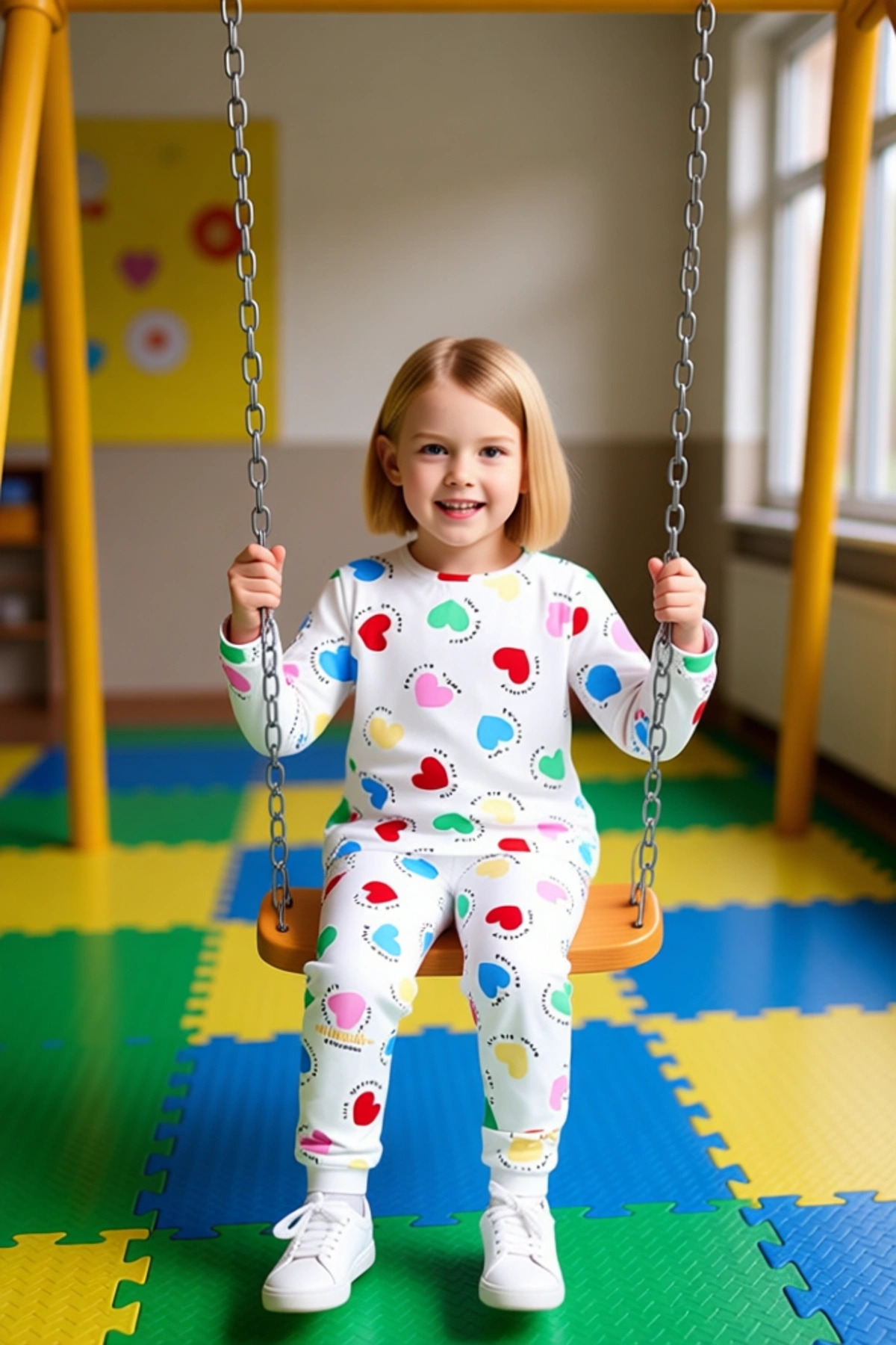 Kız Çocuk Pamuk Polyester Örme Kalp Desenli Pijama Takımı Kaliteli Şık Rahat Günlük