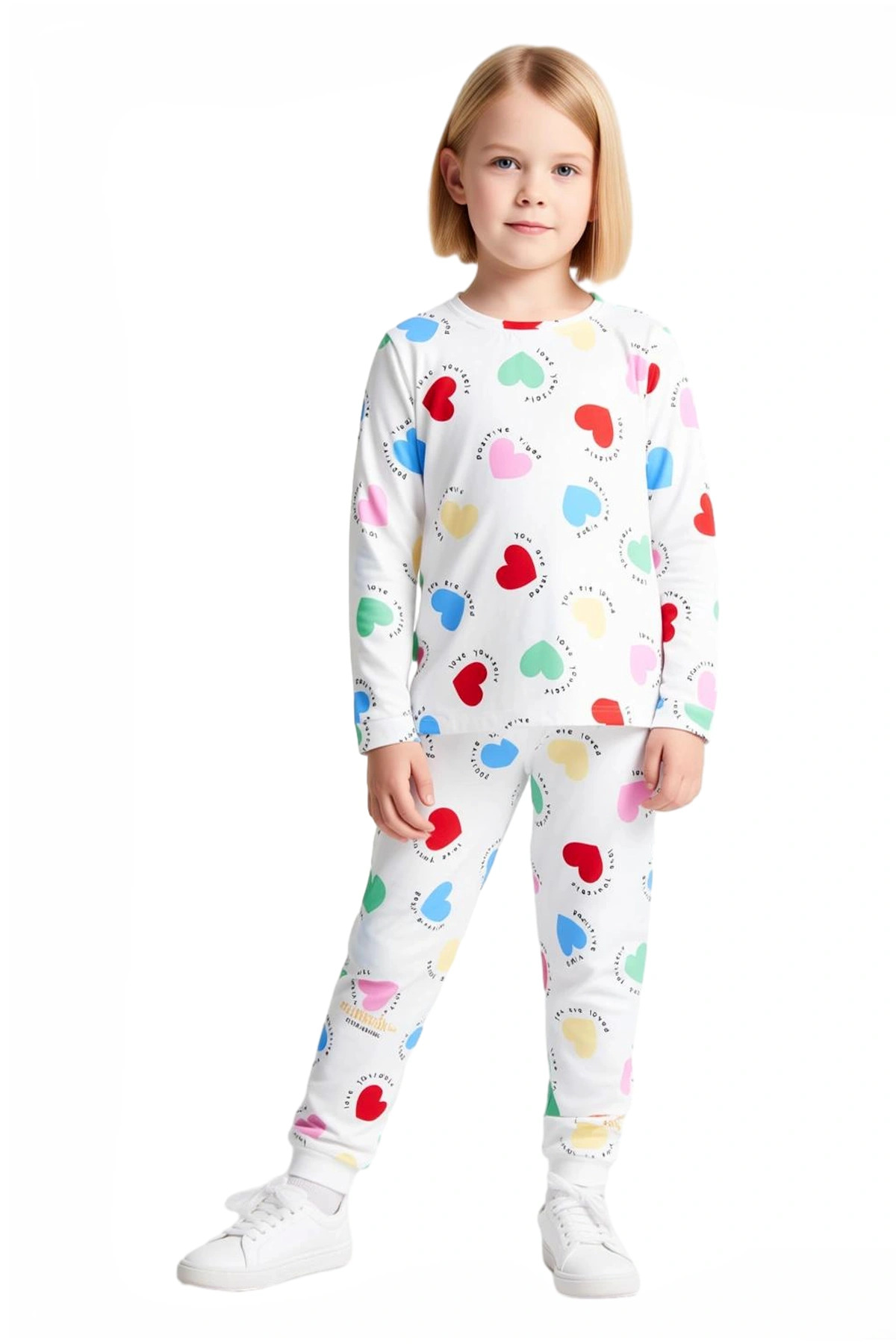 Kız Çocuk Pamuk Polyester Örme Kalp Desenli Pijama Takımı Kaliteli Şık Rahat Günlük