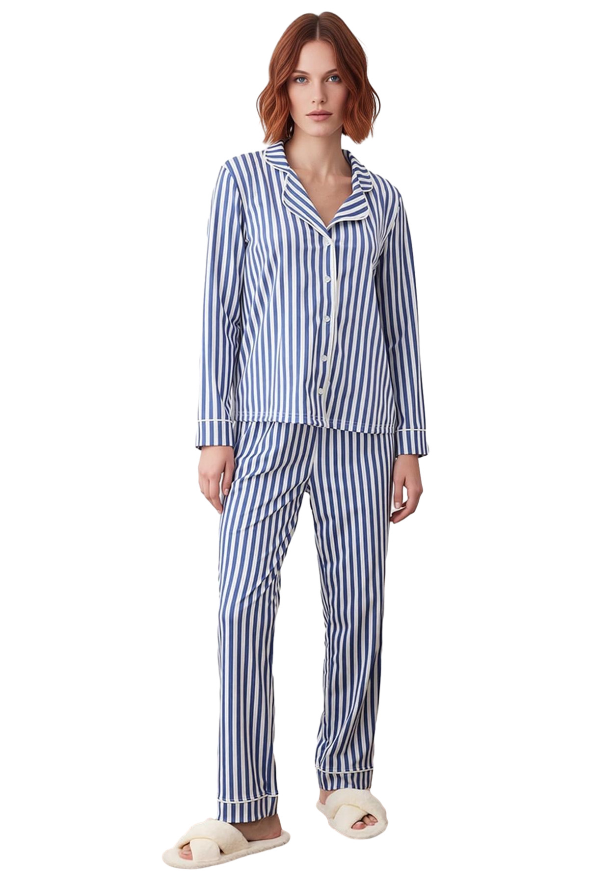 Kadın Çizgili Örme Pijama Takımı Rahat Ev Giyim Seti Mükemmel Uyum Günlük Kullanım İçin