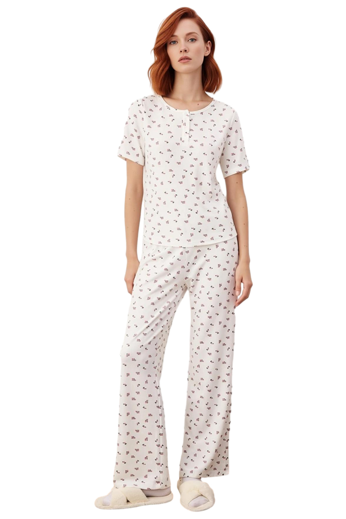 Kadın Çok Renkli Çiçekli Waffle Pijama Takımı Fonksiyonel Dayanıklı Kaliteli Konforlu Spor
